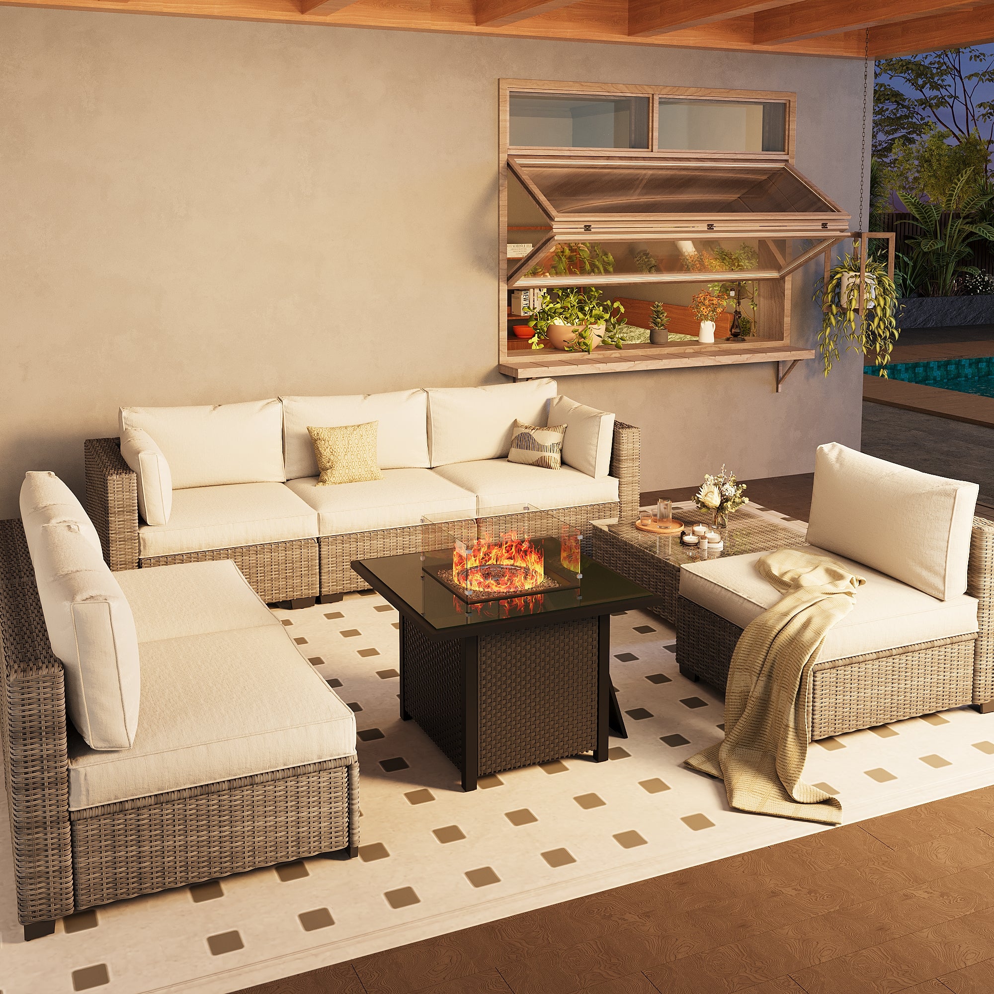 Ark Design 7-Piece Rattan Wicker Outdoor Patio Conversation SofaSeating Set with Coffee Table and fire pit, Beige Cushions with Sofa Protection Cover Option