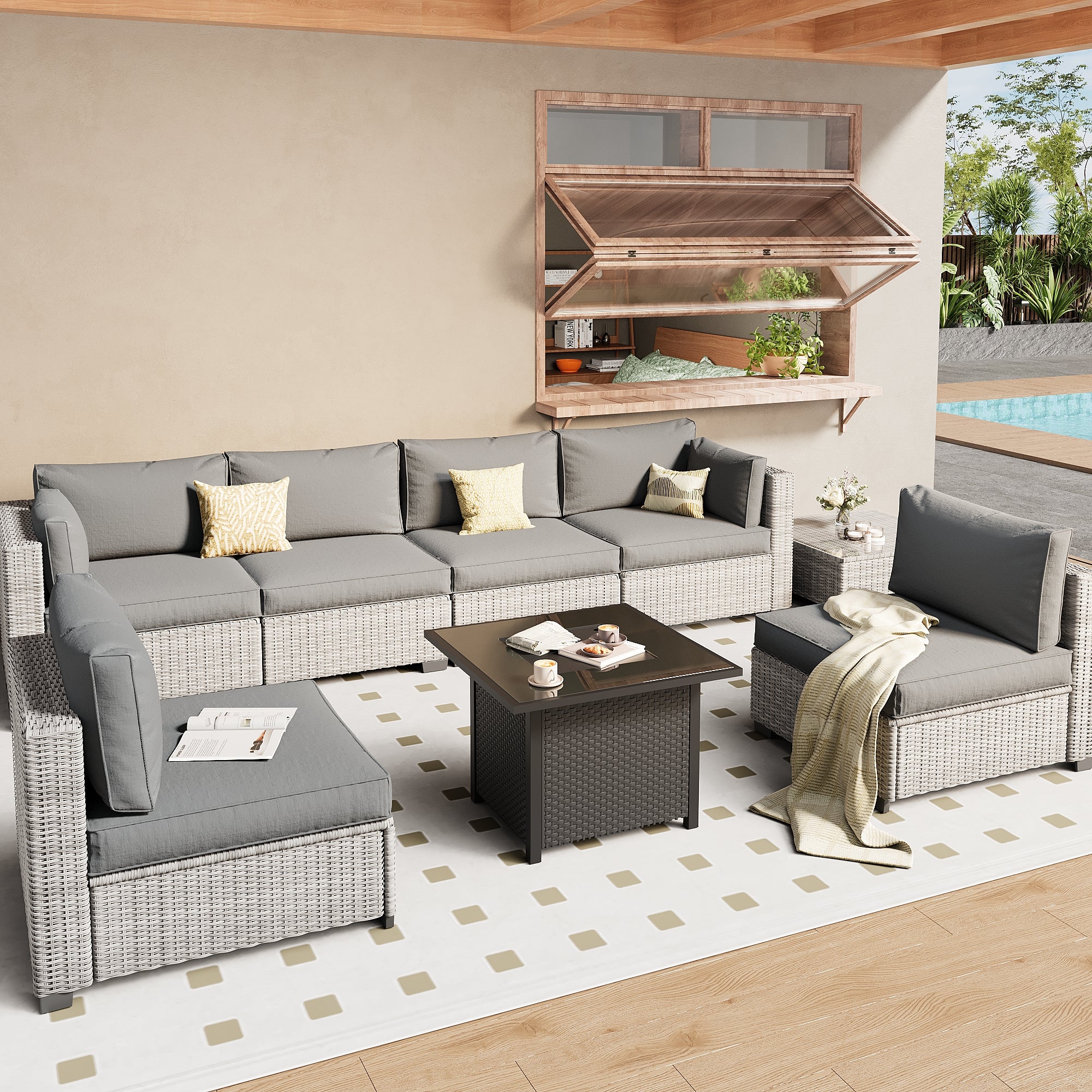 Ark Design 7-Piece Rattan Wicker Outdoor Patio Conversation SofaSeating Set with Coffee Table and fire pit, Gray Cushions with Sofa Protection Cover Option