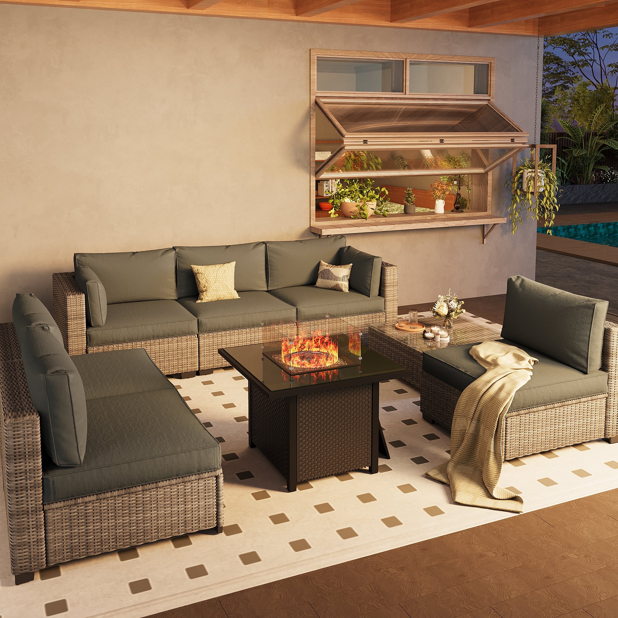 Ark Design 7-Piece Rattan Wicker Outdoor Patio Conversation SofaSeating Set with Coffee Table and fire pit, Gray Cushions with Sofa Protection Cover Option