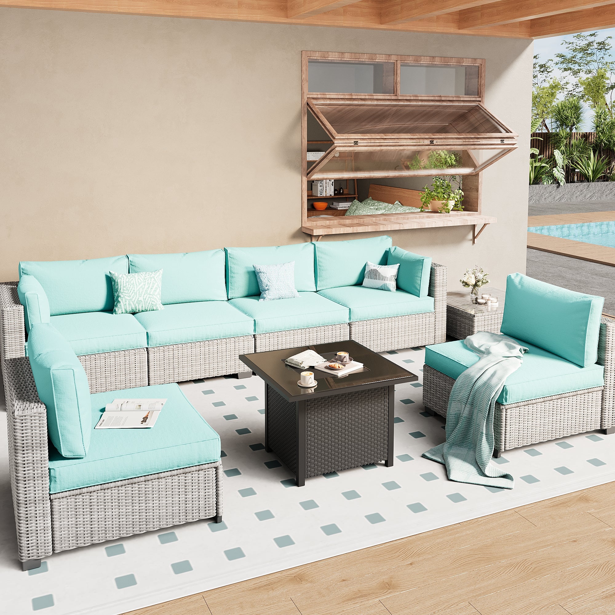 Ark Design 7-Piece Rattan Wicker Outdoor Patio Conversation SofaSeating Set with Coffee Table and fire pit, Green Cushions with Sofa Protection Cover Option