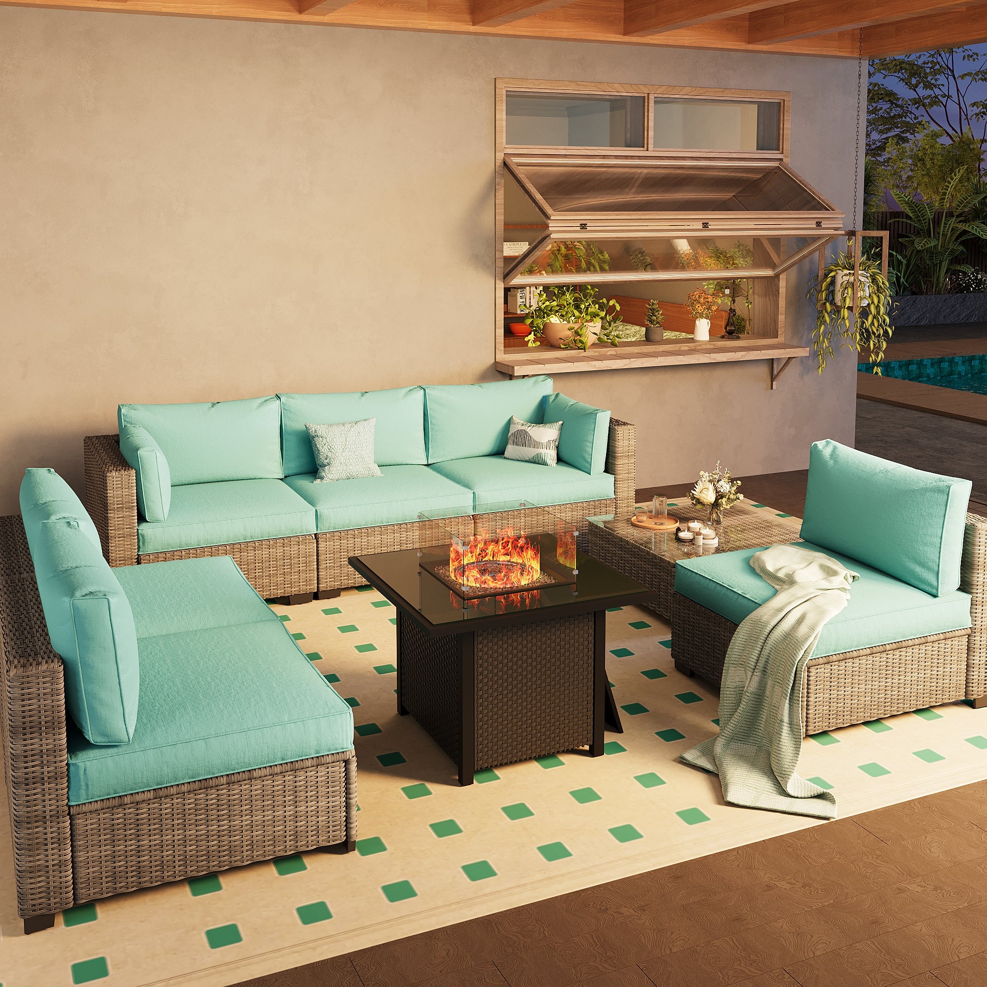 Ark Design 7-Piece Rattan Wicker Outdoor Patio Conversation SofaSeating Set with Coffee Table and fire pit, Green Cushions with Sofa Protection Cover Option