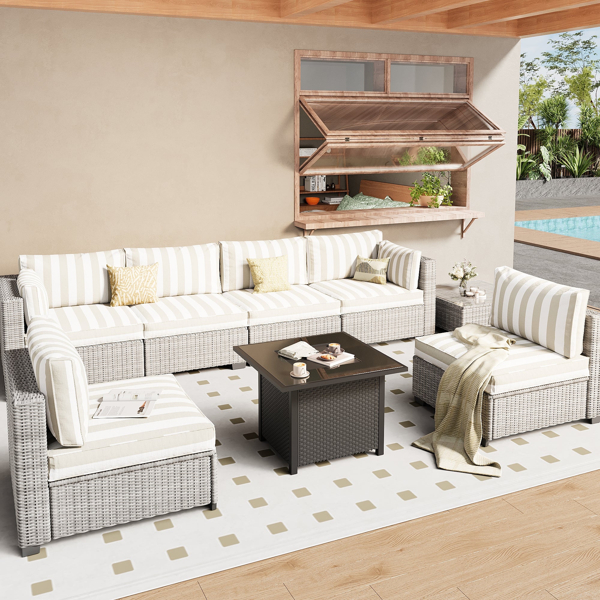 Ark Design 7-Piece Rattan Wicker Outdoor Patio Conversation SofaSeating Set with Coffee Table and fire pit, Stripe Brown Cushions with Sofa Protection Cover Option