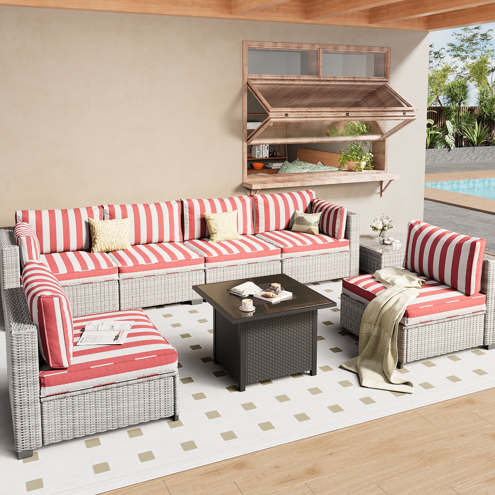Ark Design 7-Piece Rattan Wicker Outdoor Patio Conversation SofaSeating Set with Coffee Table and fire pit, Stripe Red Cushions with Sofa Protection Cover Option