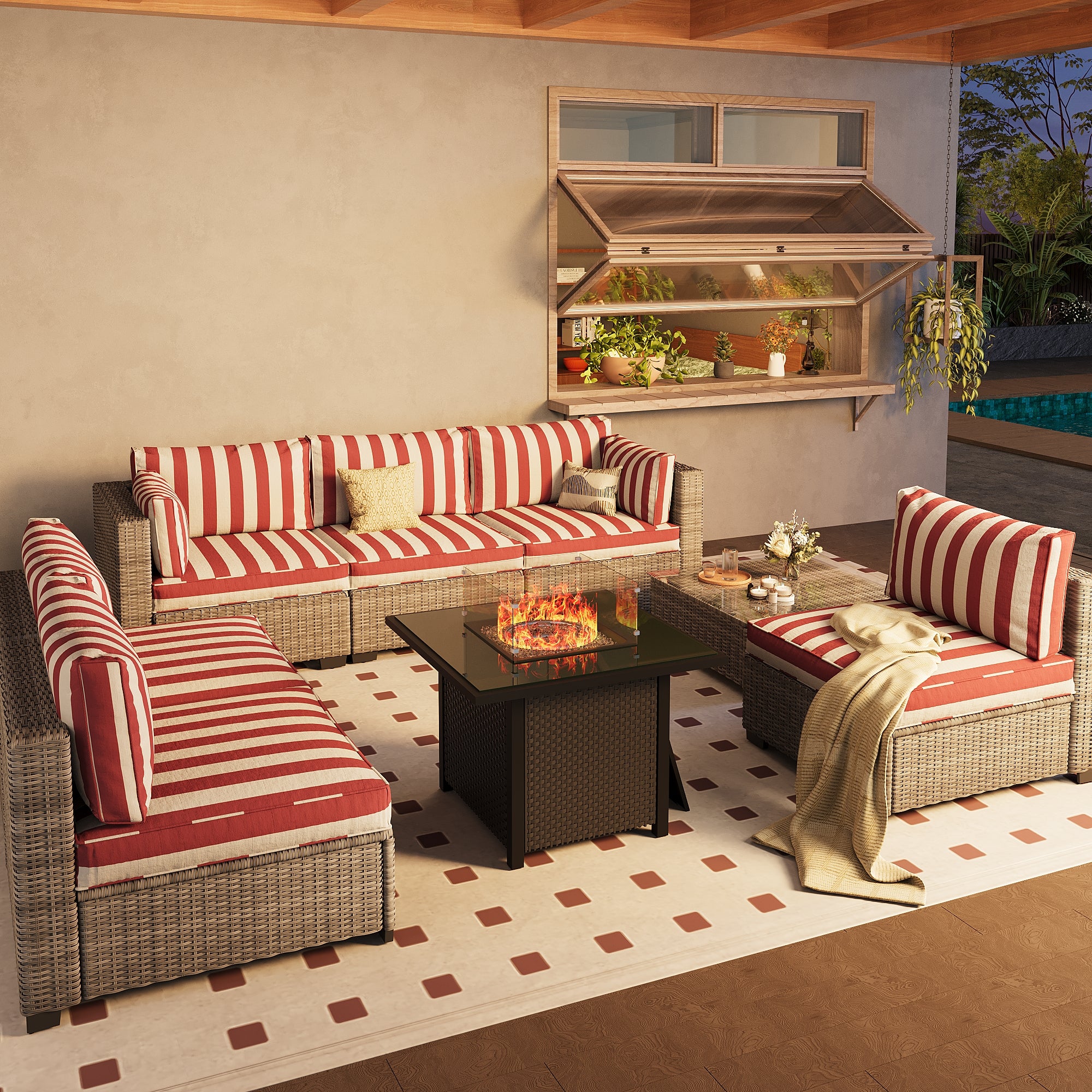 Ark Design 7-Piece Rattan Wicker Outdoor Patio Conversation SofaSeating Set with Coffee Table and fire pit, Stripe Red Cushions with Sofa Protection Cover Option