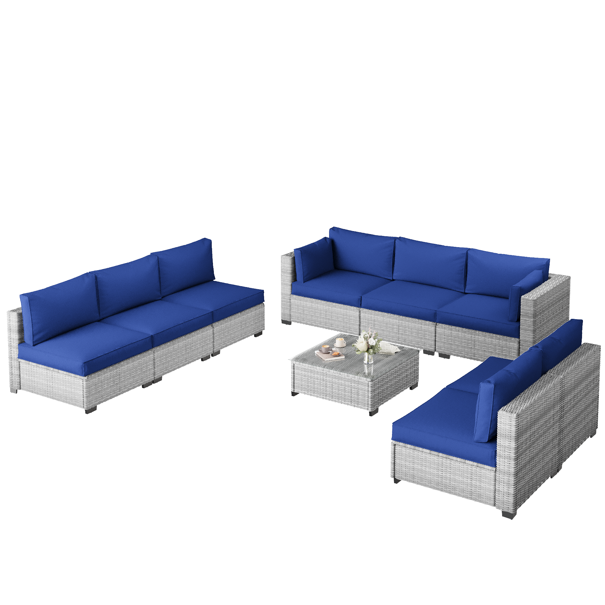 Ark Design 9-Piece Gray Wicker Outdoor Patio Conversation Sectional Seating Set with Coffee Tables, Navy Blue Cushions with Sofa Protection Cover Option