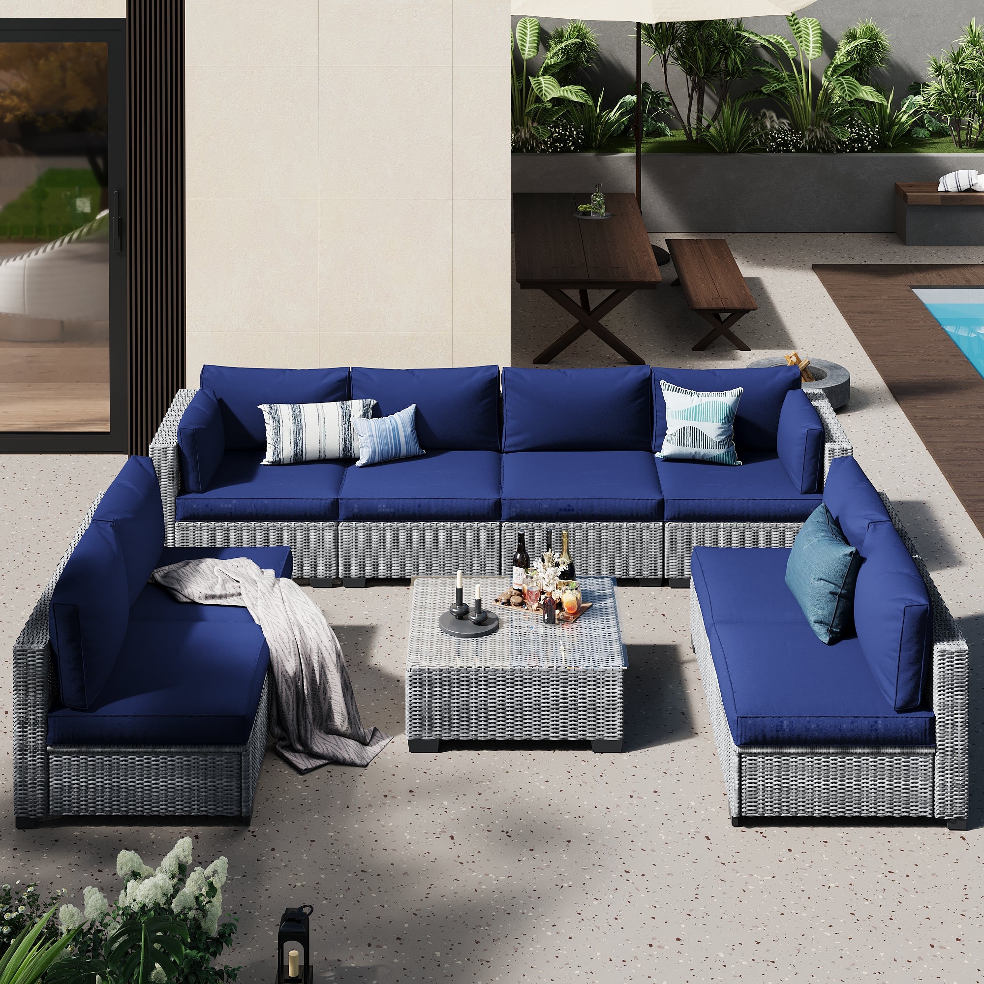 Ark Design 9-Piece Gray Wicker Outdoor Patio Conversation Sectional Seating Set with Coffee Tables, Navy Blue Cushions with Sofa Protection Cover Option