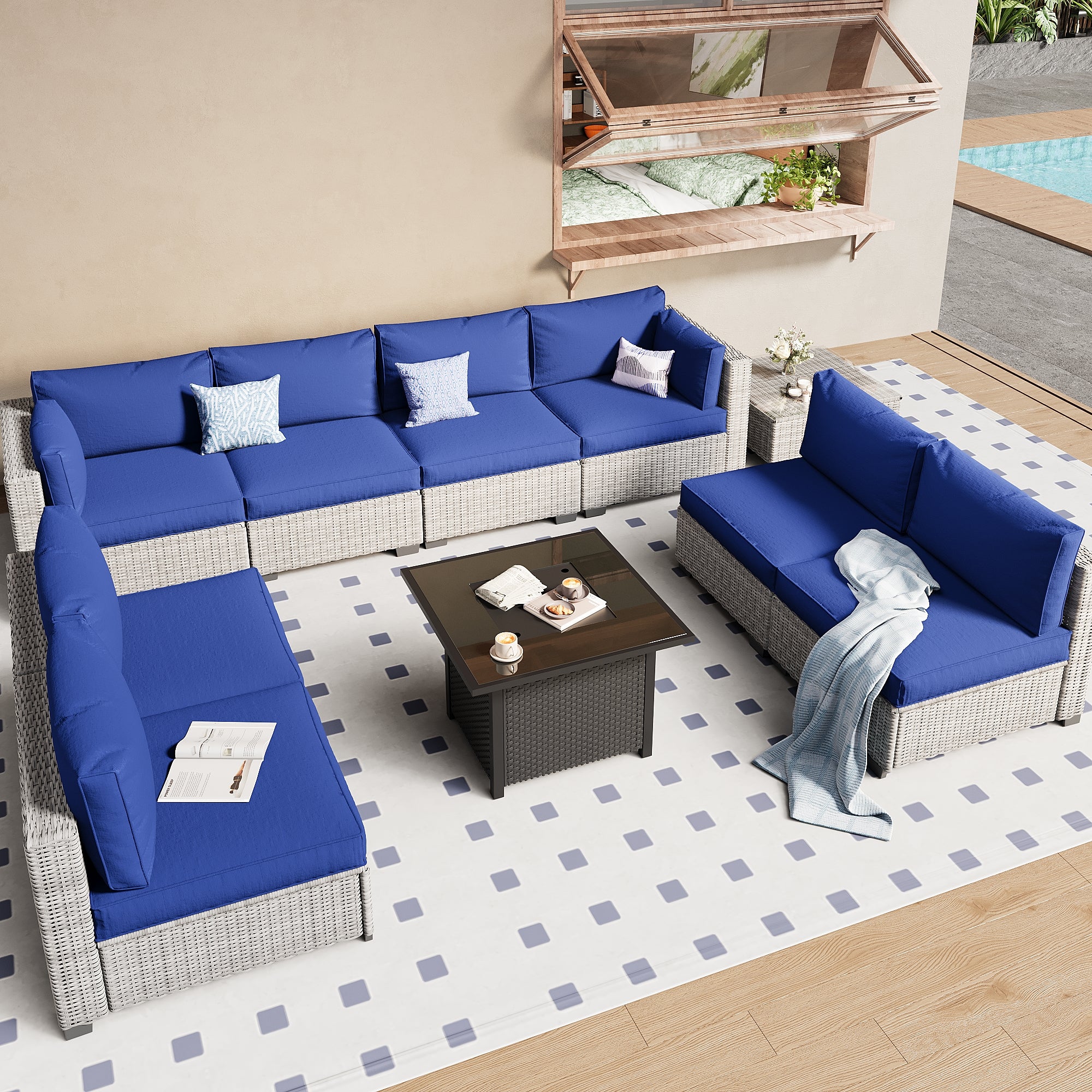 Ark Design 9-Piece Gray Wicker Outdoor Patio Conversation Sectional Seating Set with Coffee Tables and fire pit, Navy Blue Cushions with Sofa Protection Cover Option