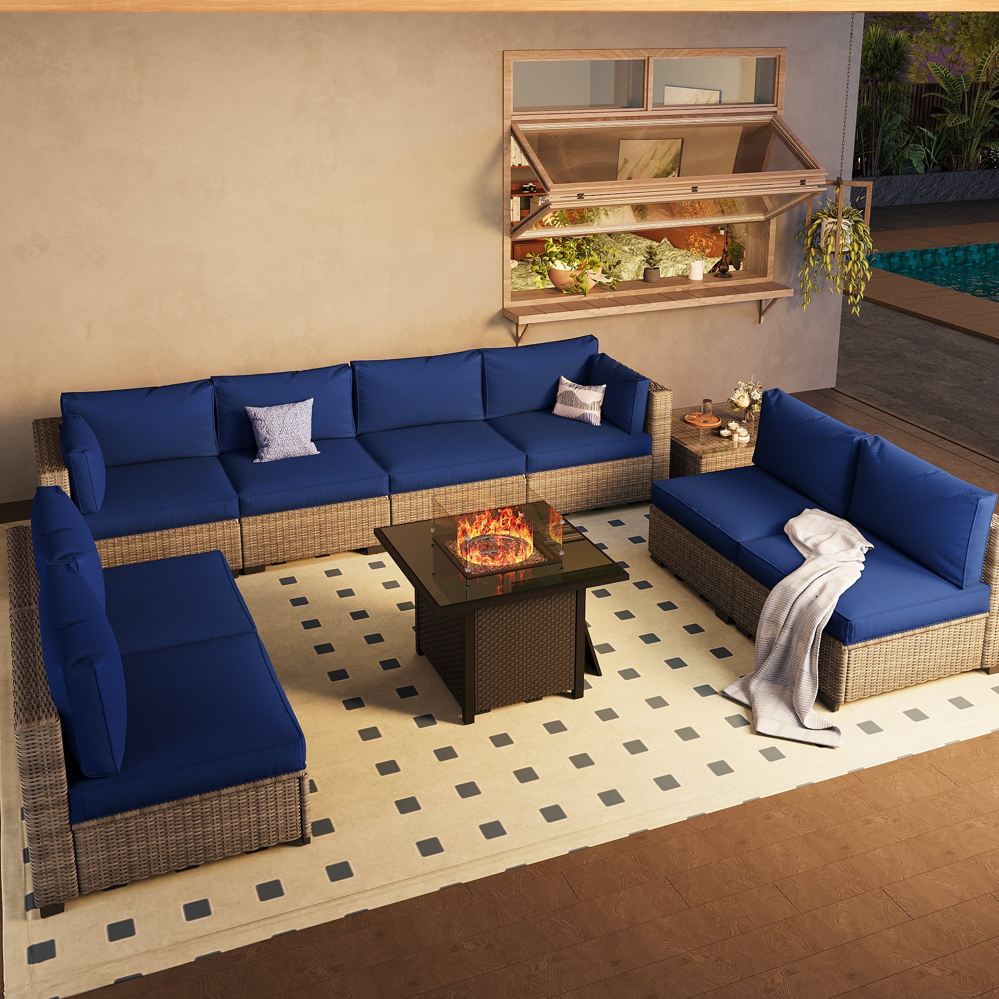 Ark Design 9-Piece Gray Wicker Outdoor Patio Conversation Sectional Seating Set with Coffee Tables and fire pit, Navy Blue Cushions with Sofa Protection Cover Option