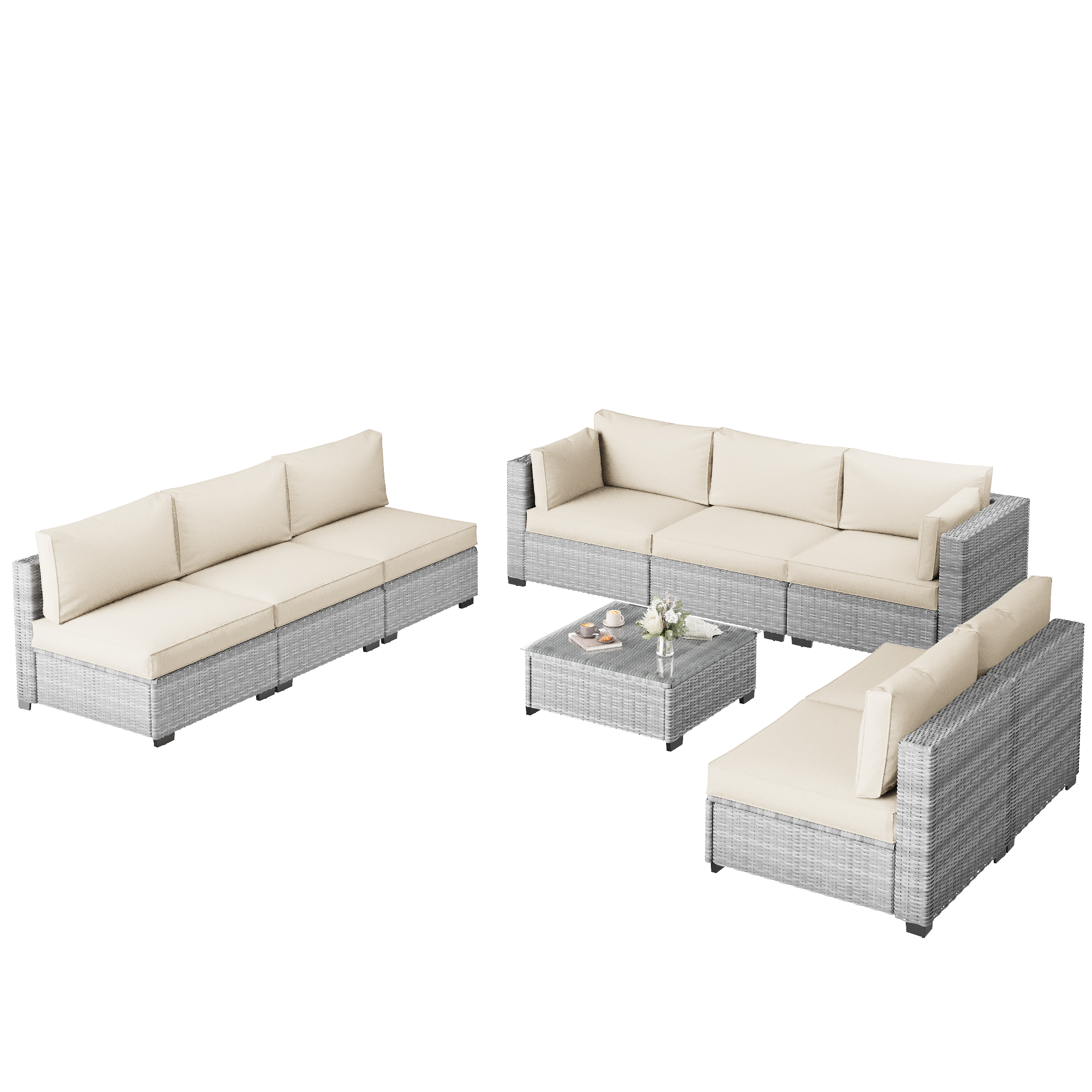 Ark Design 9-Piece Rattan Wicker Outdoor Patio Conversation SofaSeating Set with Coffee Table, Beige Cushions with Sofa Protection Cover Option