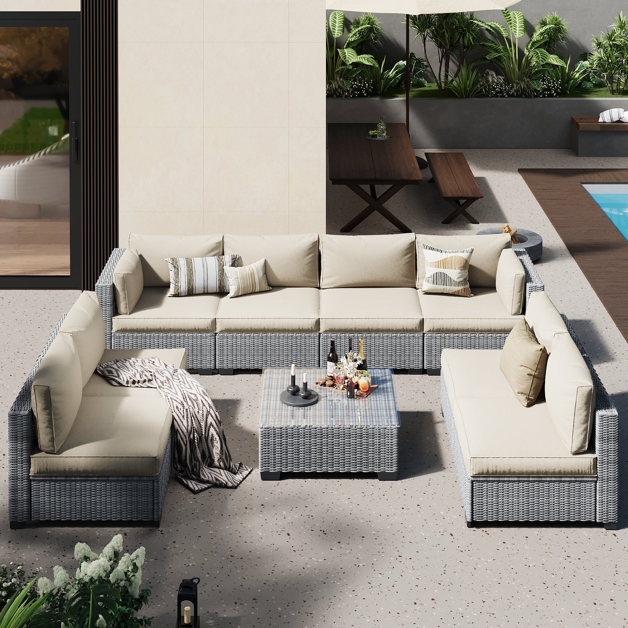 Ark Design 9-Piece Rattan Wicker Outdoor Patio Conversation SofaSeating Set with Coffee Table, Beige Cushions with Sofa Protection Cover Option