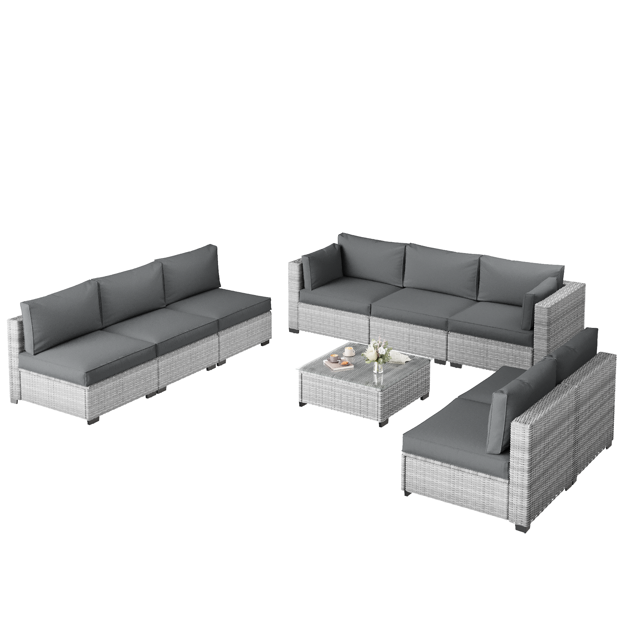 Ark Design 9-Piece Rattan Wicker Outdoor Patio Conversation SofaSeating Set with Coffee Table, Gray Cushions with Sofa Protection Cover Option