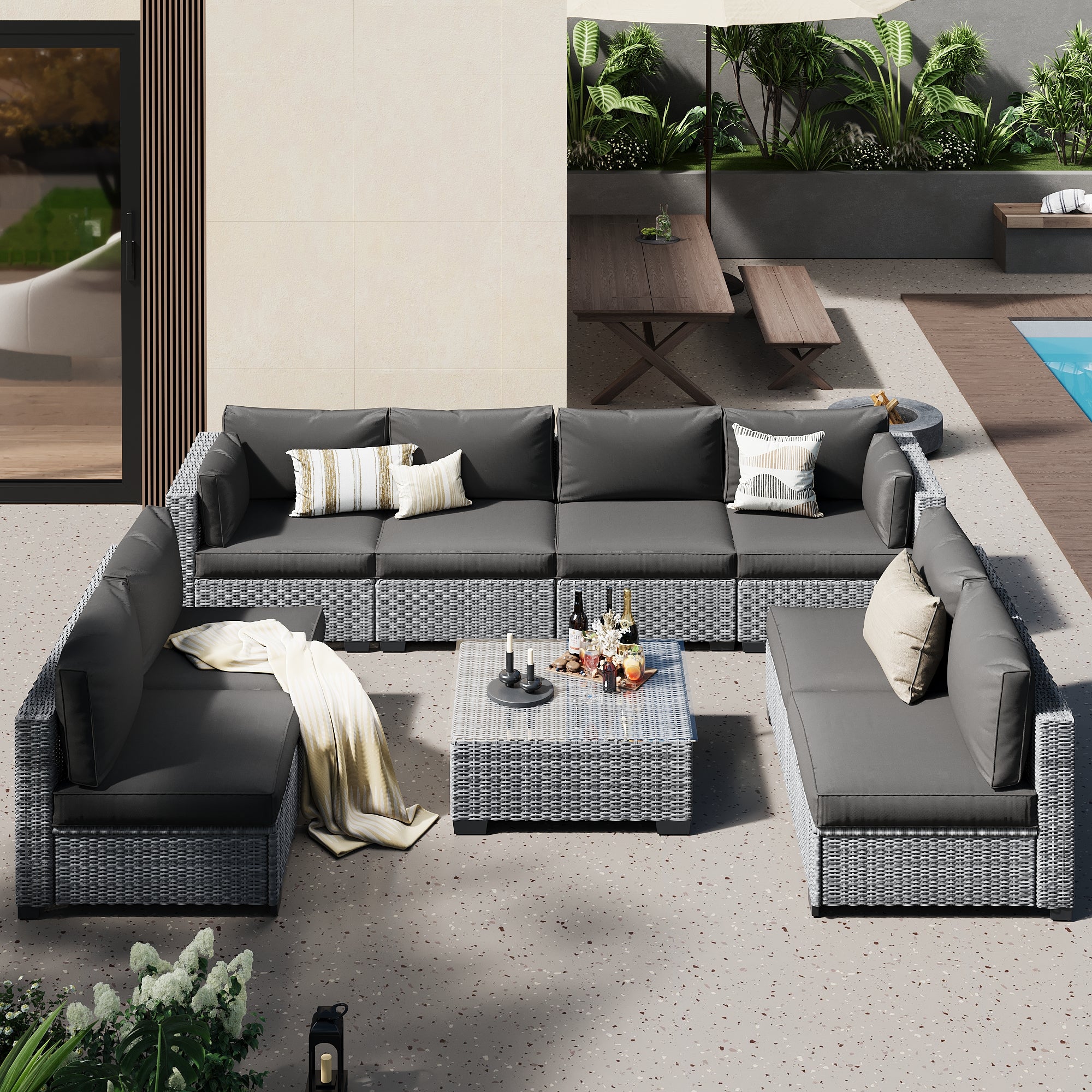 Ark Design 9-Piece Rattan Wicker Outdoor Patio Conversation SofaSeating Set with Coffee Table, Gray Cushions with Sofa Protection Cover Option