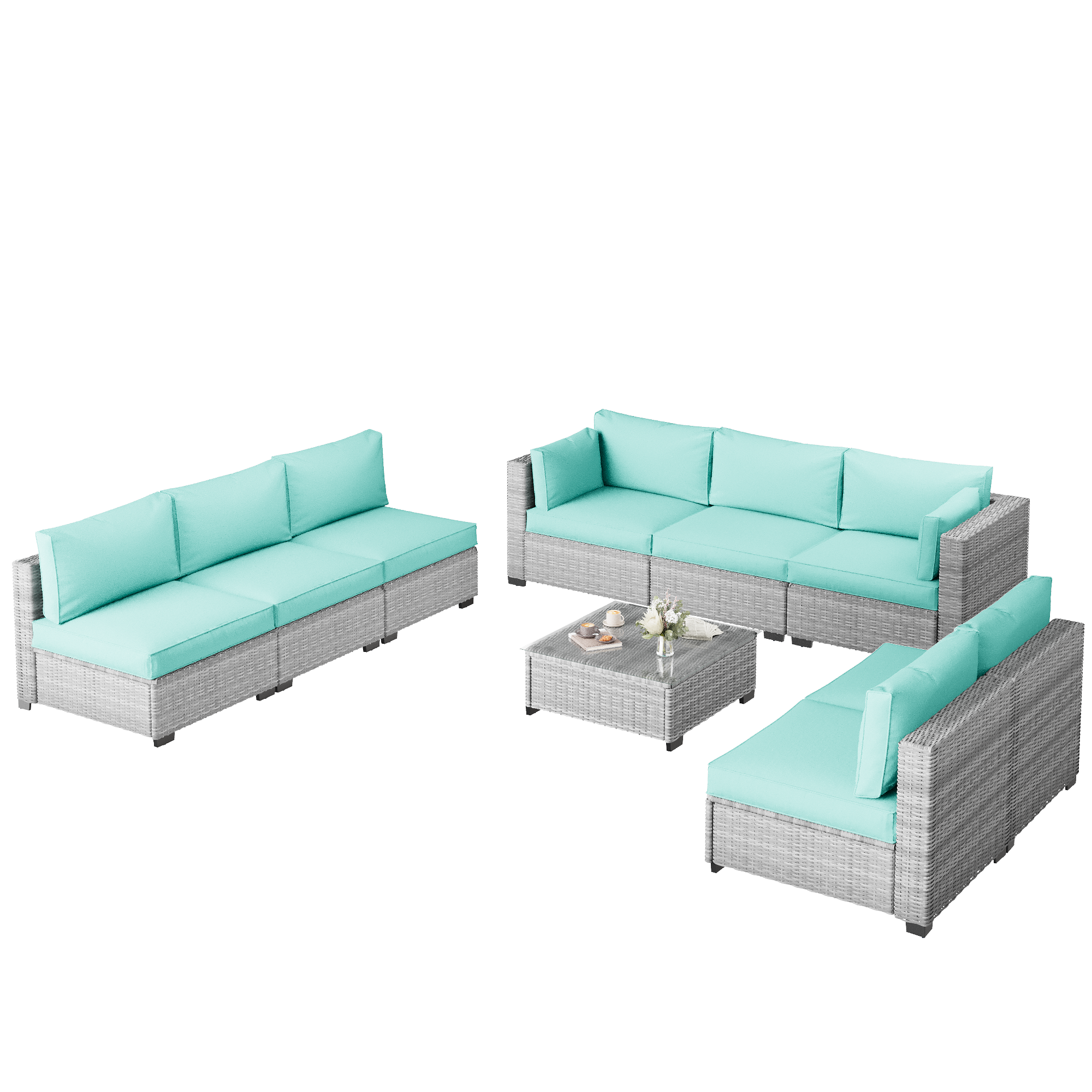 Ark Design 9-Piece Rattan Wicker Outdoor Patio Conversation SofaSeating Set with Coffee Table, Green Cushions with Sofa Protection Cover Option