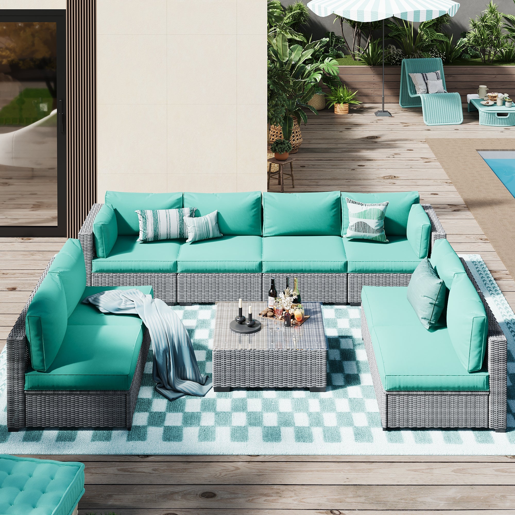 Ark Design 9-Piece Rattan Wicker Outdoor Patio Conversation SofaSeating Set with Coffee Table, Green Cushions with Sofa Protection Cover Option