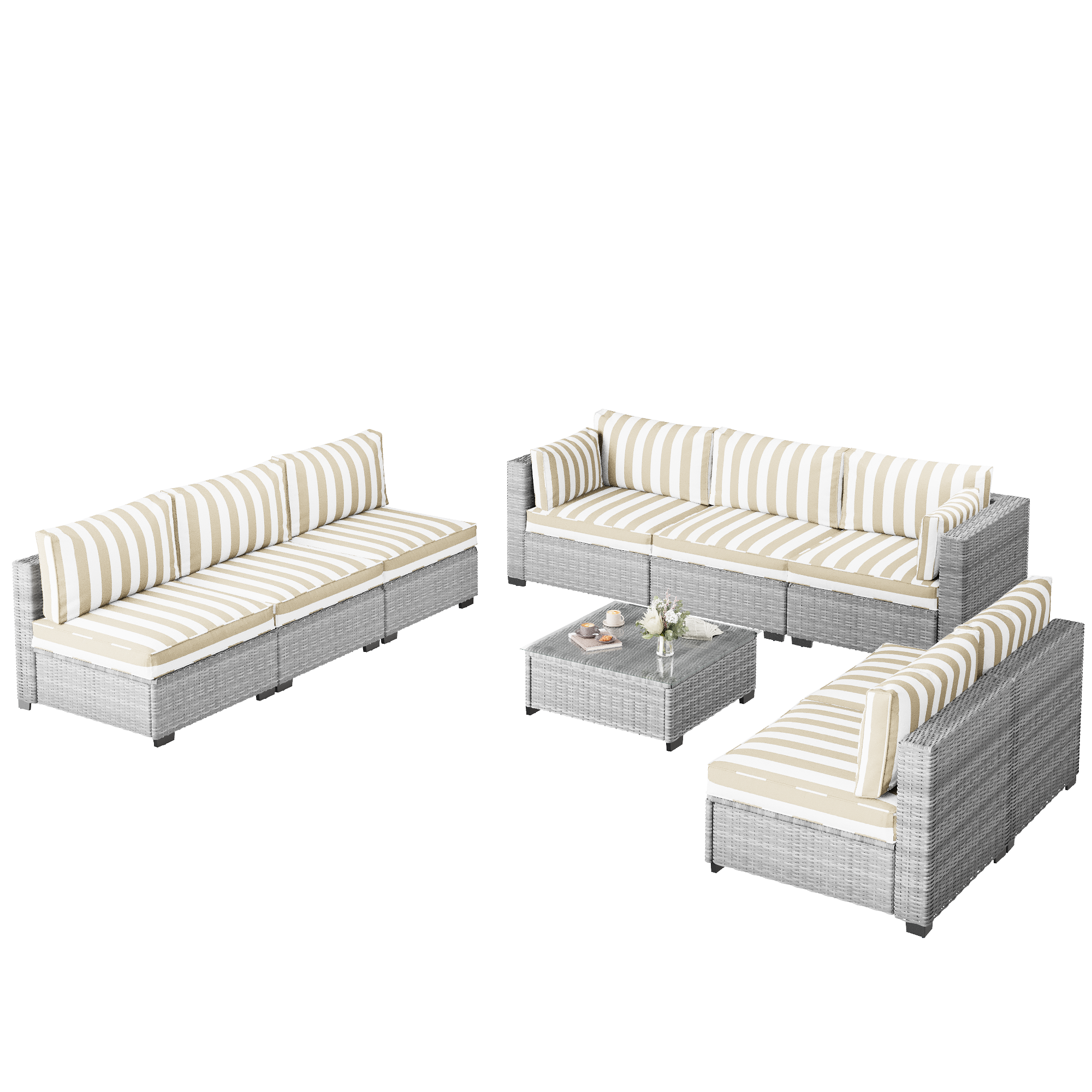 Ark Design 9-Piece Rattan Wicker Outdoor Patio Conversation SofaSeating Set with Coffee Table, Stripe Brown Cushions with Sofa Protection Cover Option