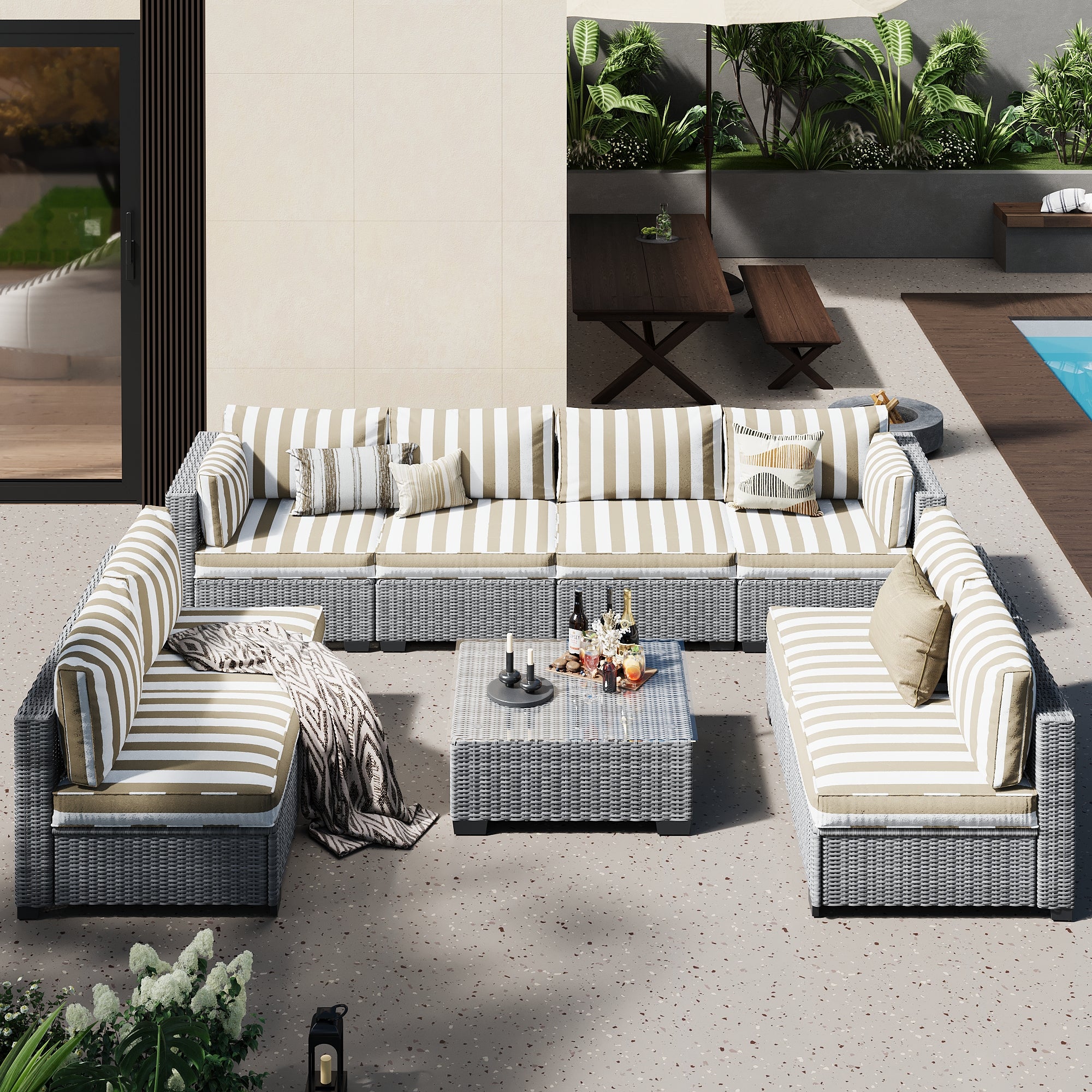 Ark Design 9-Piece Rattan Wicker Outdoor Patio Conversation SofaSeating Set with Coffee Table, Stripe Brown Cushions with Sofa Protection Cover Option