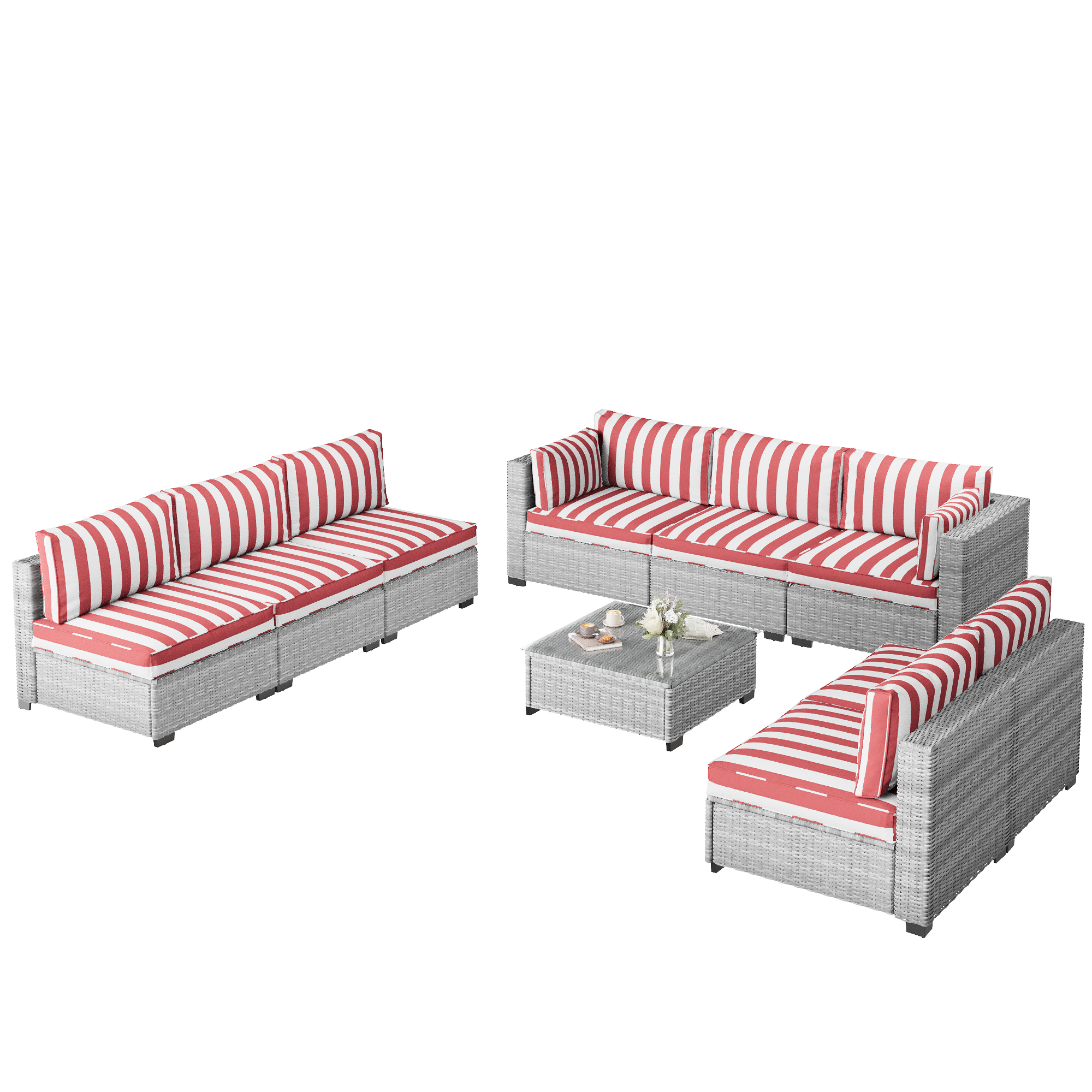 Ark Design 9-Piece Rattan Wicker Outdoor Patio Conversation SofaSeating Set with Coffee Table, Stripe Red Cushions with Sofa Protection Cover Option