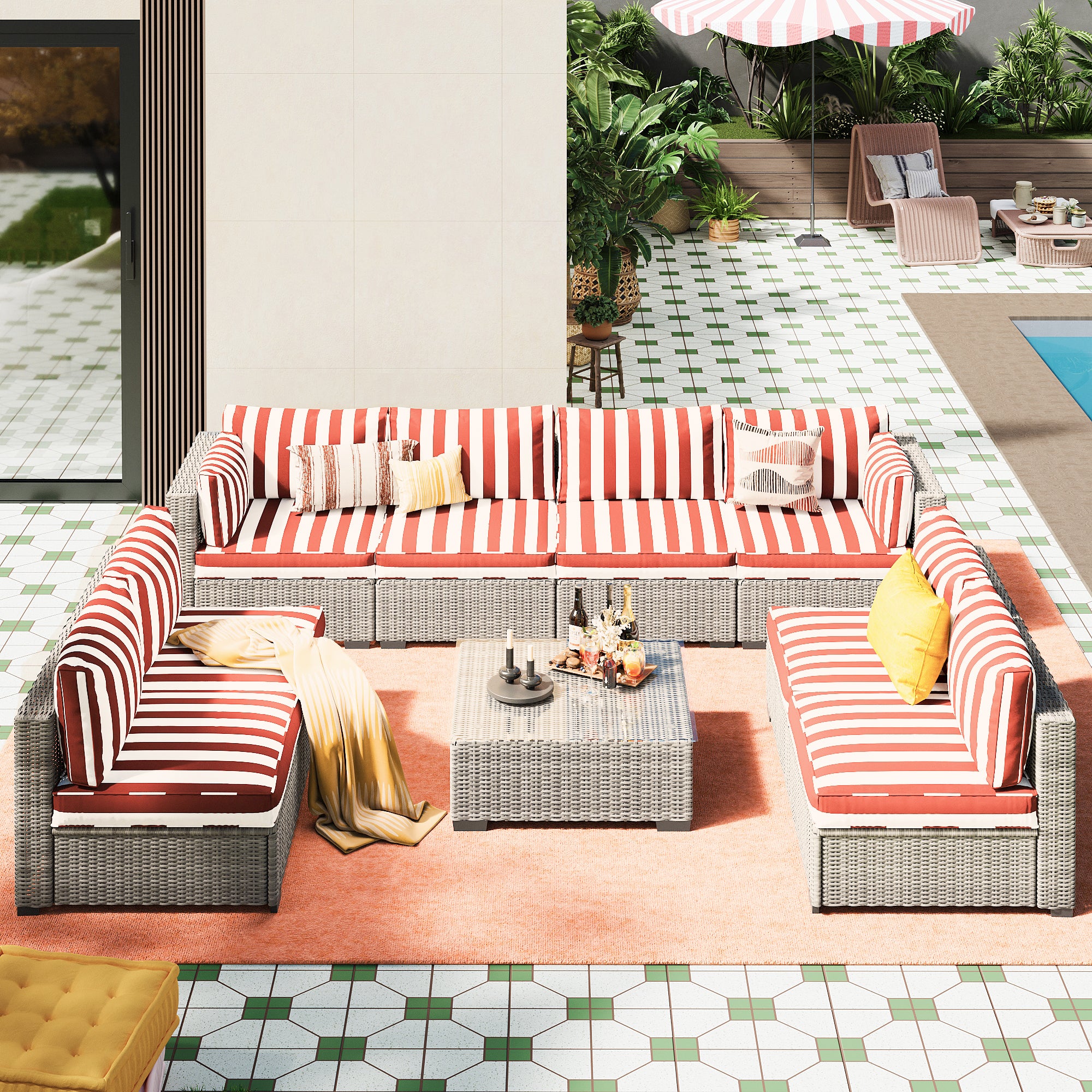 Ark Design 9-Piece Rattan Wicker Outdoor Patio Conversation SofaSeating Set with Coffee Table, Stripe Red Cushions with Sofa Protection Cover Option