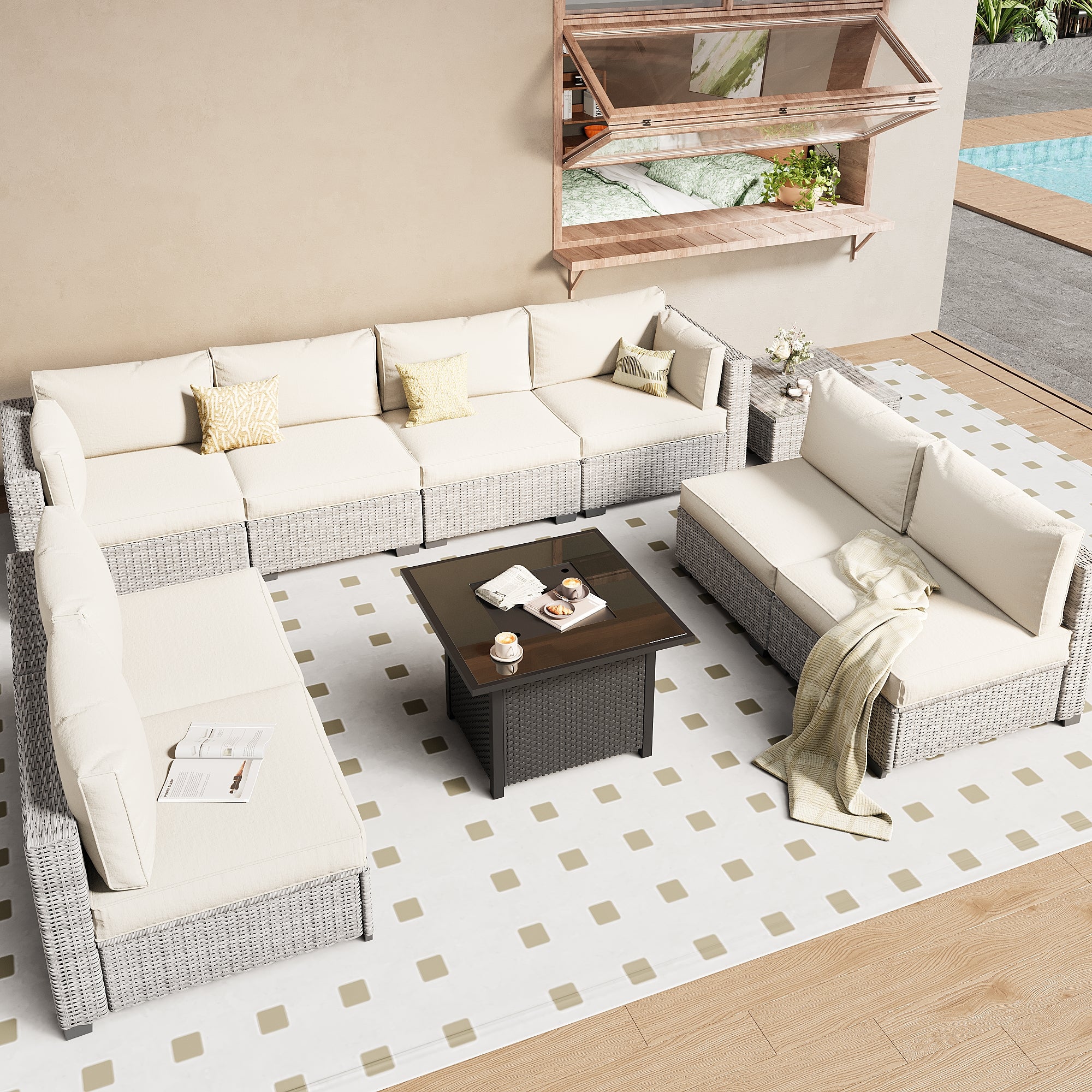 Ark Design 9-Piece Rattan Wicker Outdoor Patio Conversation SofaSeating Set with Coffee Table and fire pit, Beige Cushions with Sofa Protection Cover Option