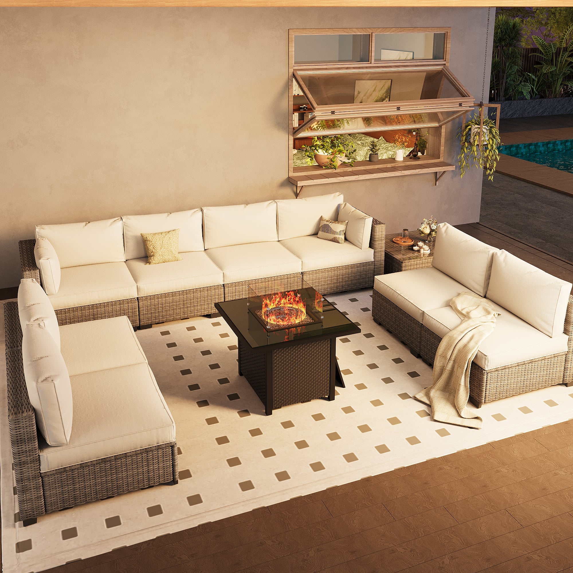 Ark Design 9-Piece Rattan Wicker Outdoor Patio Conversation SofaSeating Set with Coffee Table and fire pit, Beige Cushions with Sofa Protection Cover Option
