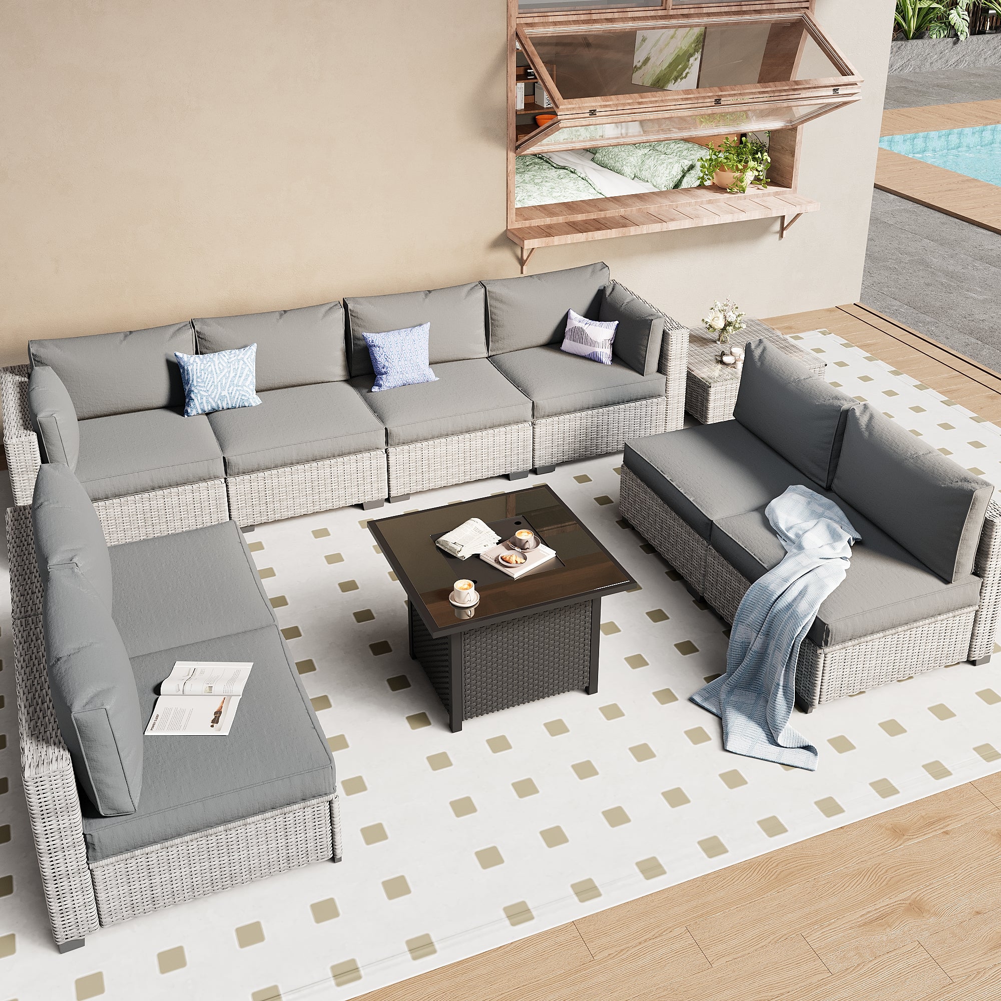Ark Design 9-Piece Rattan Wicker Outdoor Patio Conversation SofaSeating Set with Coffee Table and fire pit, Gray Cushions with Sofa Protection Cover Option