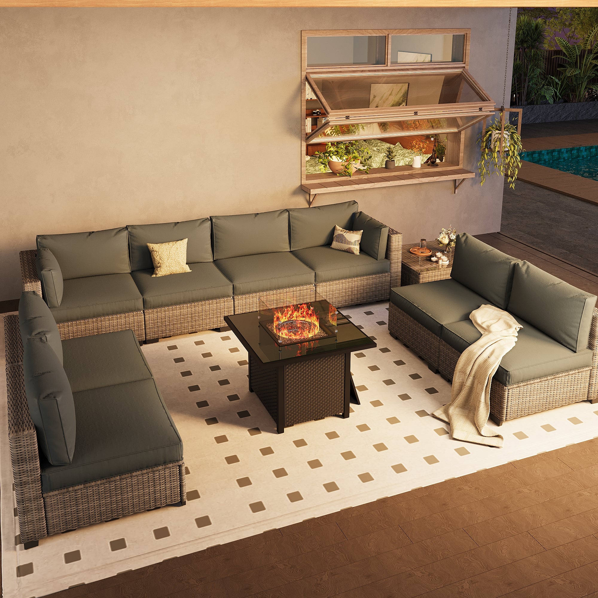 Ark Design 9-Piece Rattan Wicker Outdoor Patio Conversation SofaSeating Set with Coffee Table and fire pit, Gray Cushions with Sofa Protection Cover Option