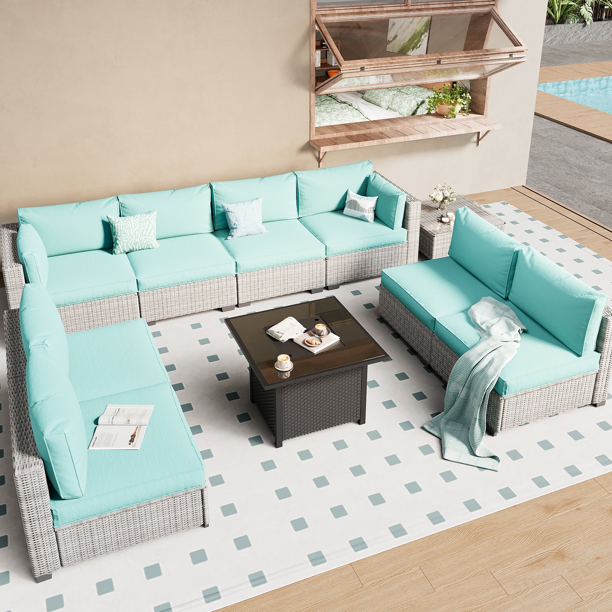 Ark Design 9-Piece Rattan Wicker Outdoor Patio Conversation SofaSeating Set with Coffee Table and fire pit, Green Cushions with Sofa Protection Cover Option