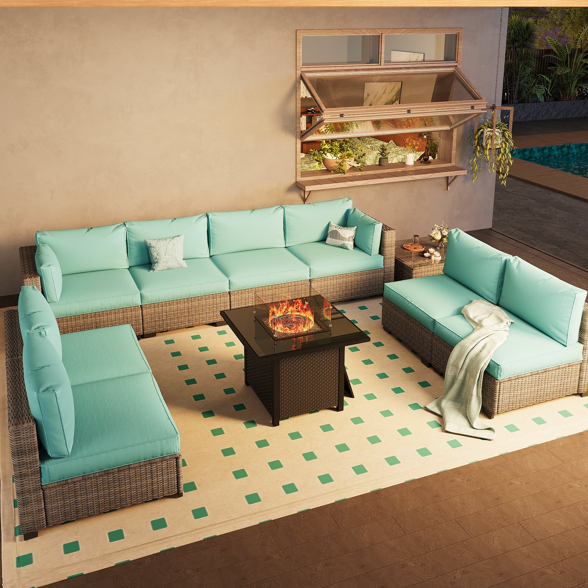 Ark Design 9-Piece Rattan Wicker Outdoor Patio Conversation SofaSeating Set with Coffee Table and fire pit, Green Cushions with Sofa Protection Cover Option