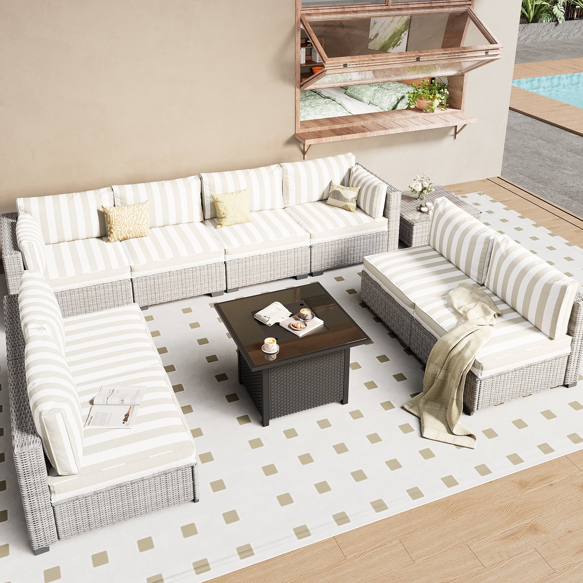 Ark Design 9-Piece Rattan Wicker Outdoor Patio Conversation SofaSeating Set with Coffee Table and fire pit, Stripe Brown Cushions with Sofa Protection Cover Option
