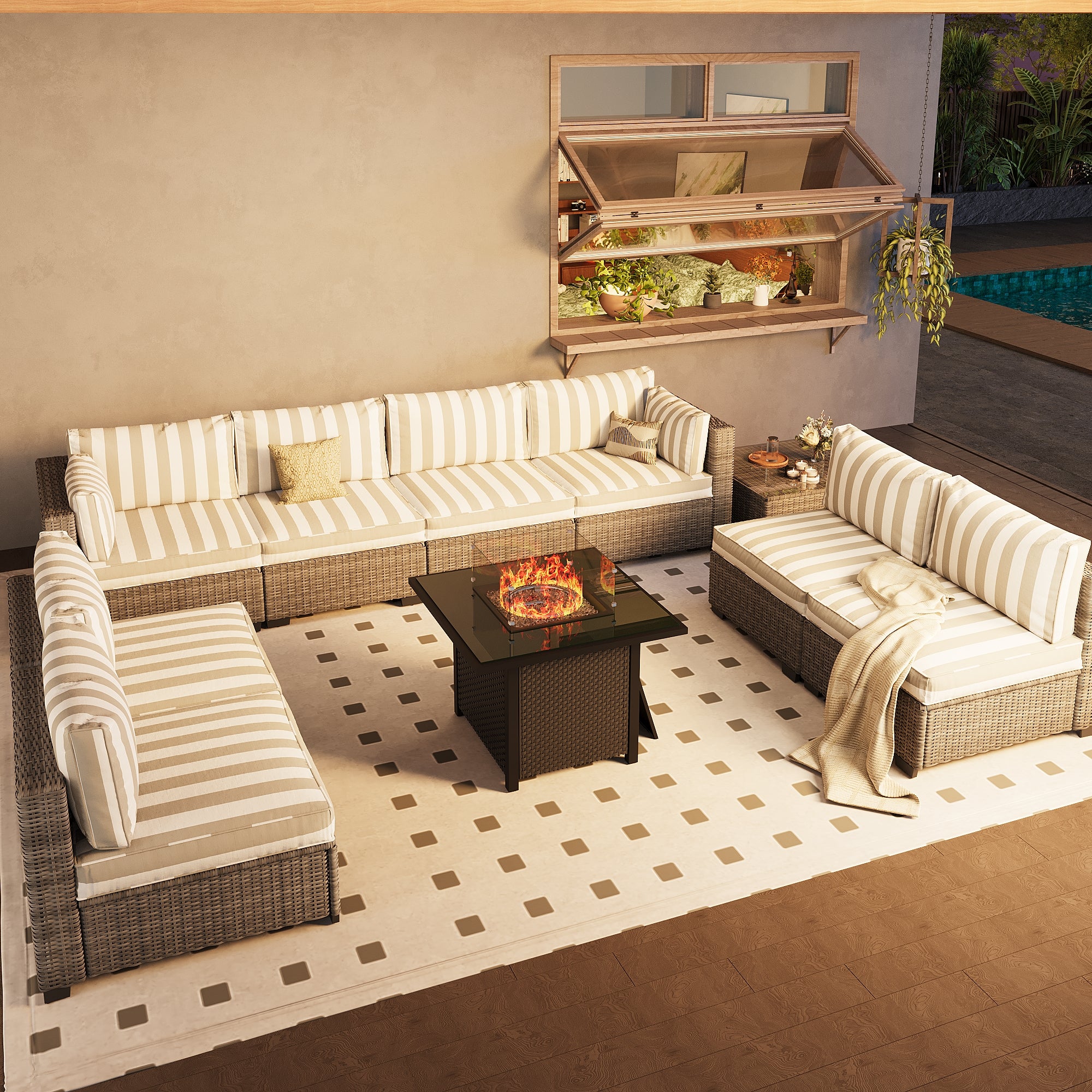 Ark Design 9-Piece Rattan Wicker Outdoor Patio Conversation SofaSeating Set with Coffee Table and fire pit, Stripe Brown Cushions with Sofa Protection Cover Option