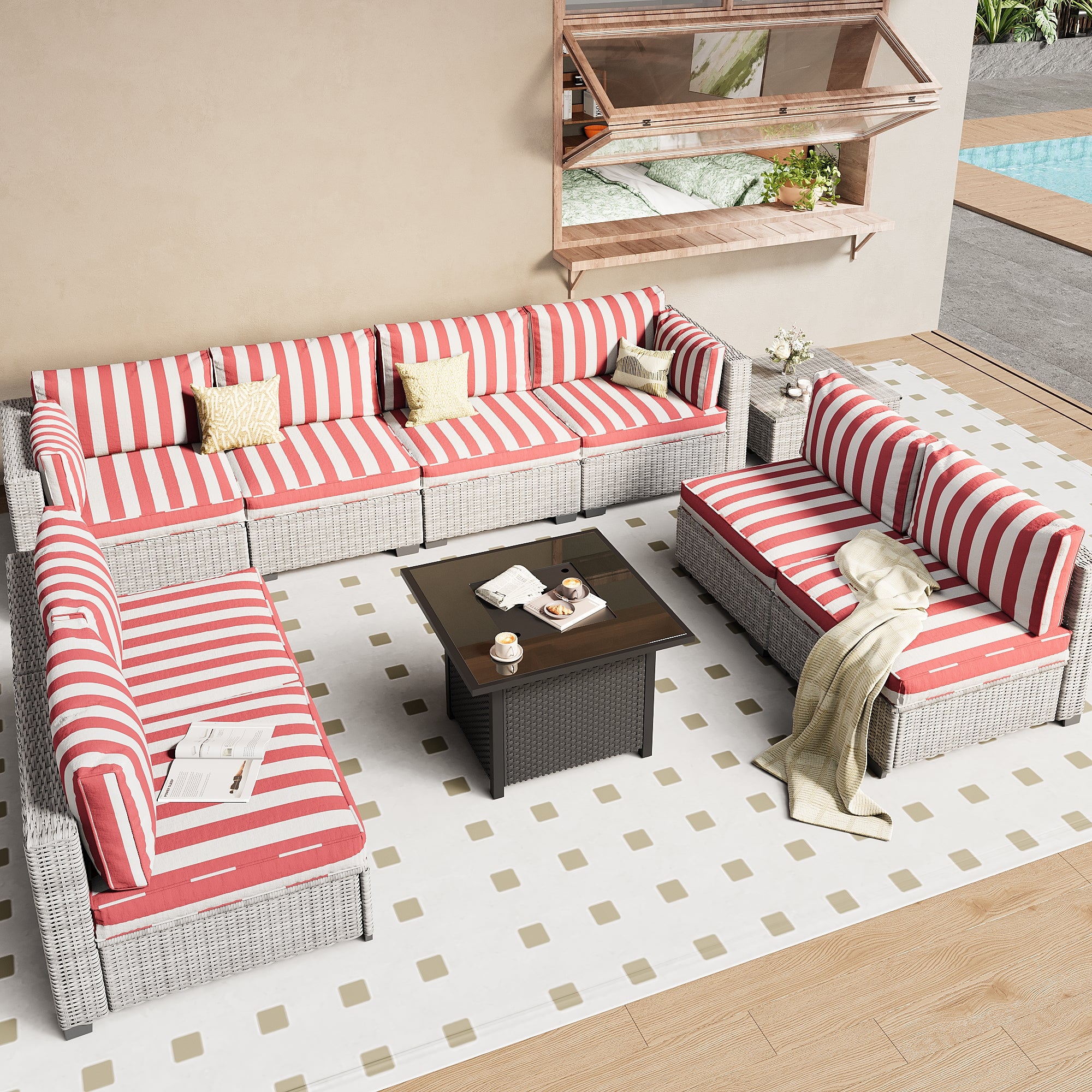 Ark Design 9-Piece Rattan Wicker Outdoor Patio Conversation SofaSeating Set with Coffee Table and fire pit, Stripe Red Cushions with Sofa Protection Cover Option