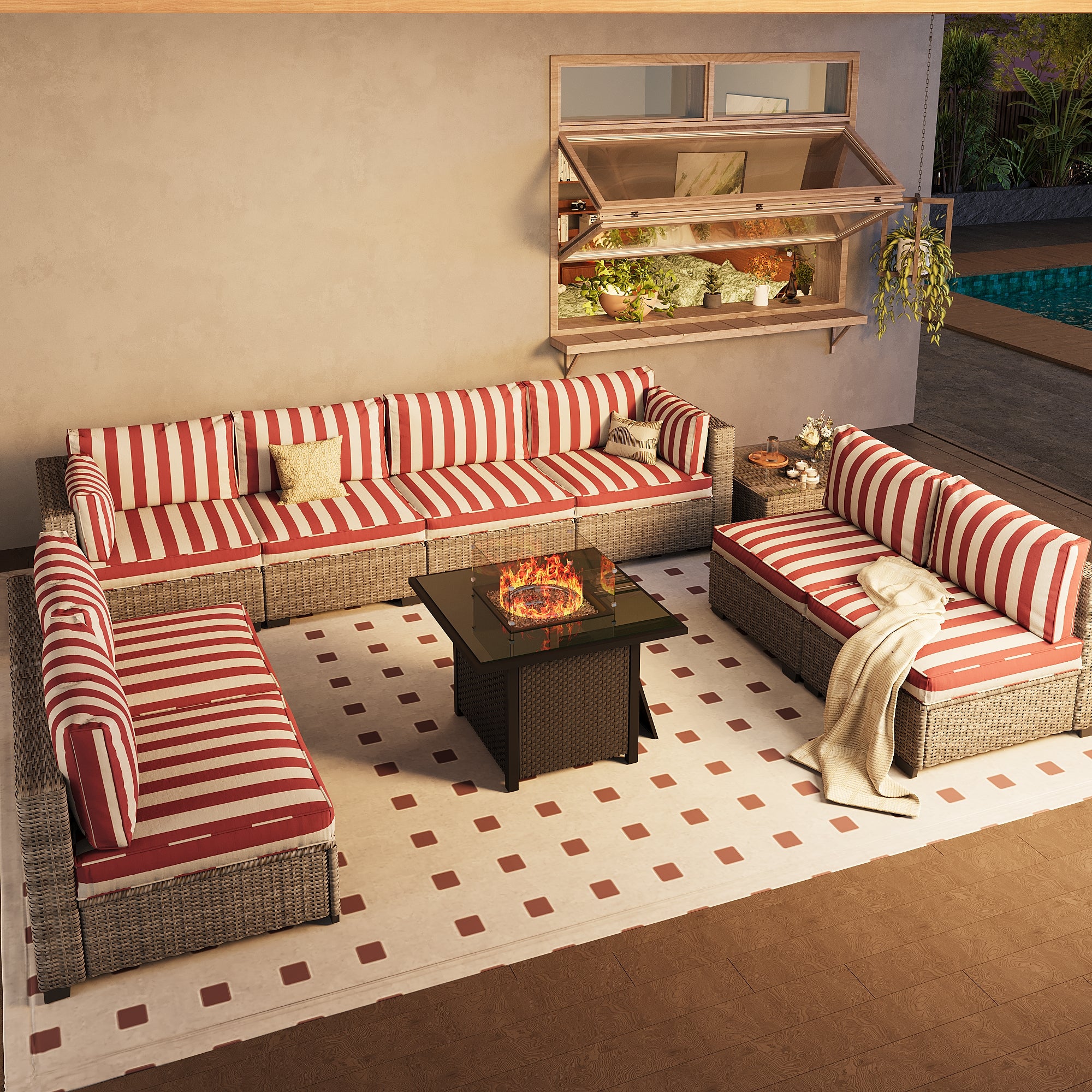 Ark Design 9-Piece Rattan Wicker Outdoor Patio Conversation SofaSeating Set with Coffee Table and fire pit, Stripe Red Cushions with Sofa Protection Cover Option