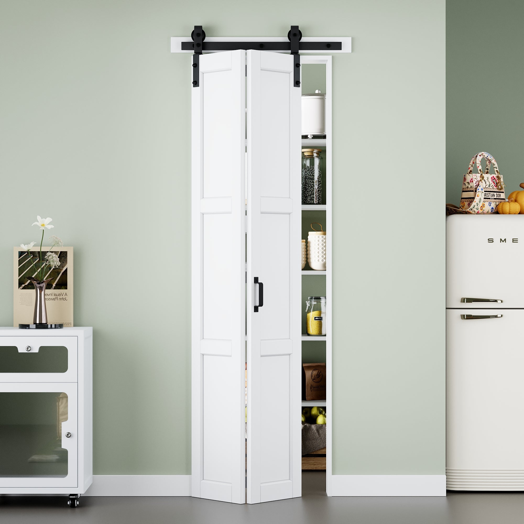 [Paintable] 3-Lite Paneled White Primed MDF Composite Bi-fold Sliding Barn Door with Hardware Kit and Handle