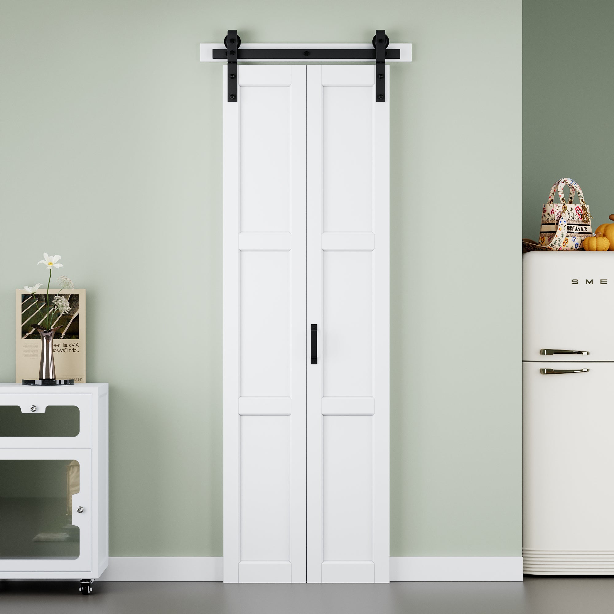 [Paintable] 3-Lite Paneled White Primed MDF Composite Bi-fold Sliding Barn Door with Hardware Kit and Handle