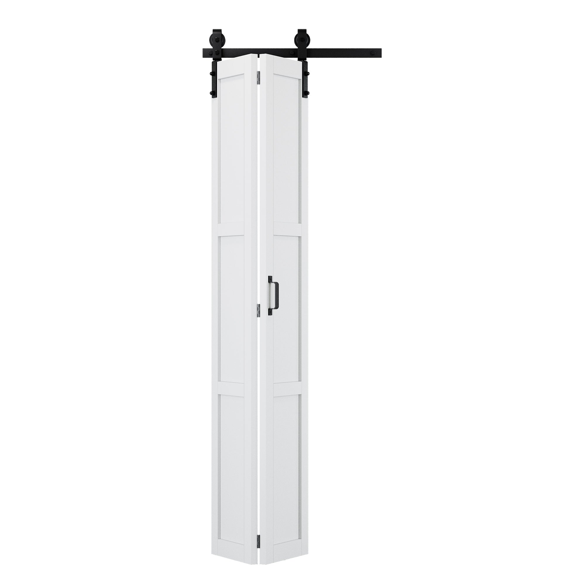 [Paintable] 3-Lite Paneled White Primed MDF Composite Bi-fold Sliding Barn Door with Hardware Kit and Handle