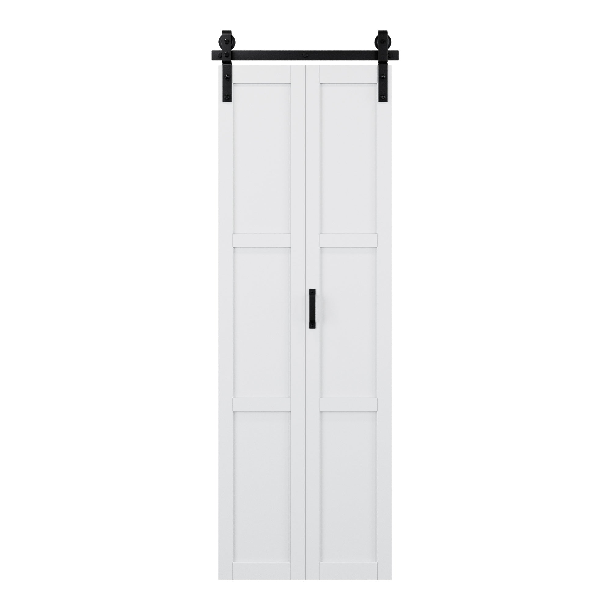 [Paintable] 3-Lite Paneled White Primed MDF Composite Bi-fold Sliding Barn Door with Hardware Kit and Handle