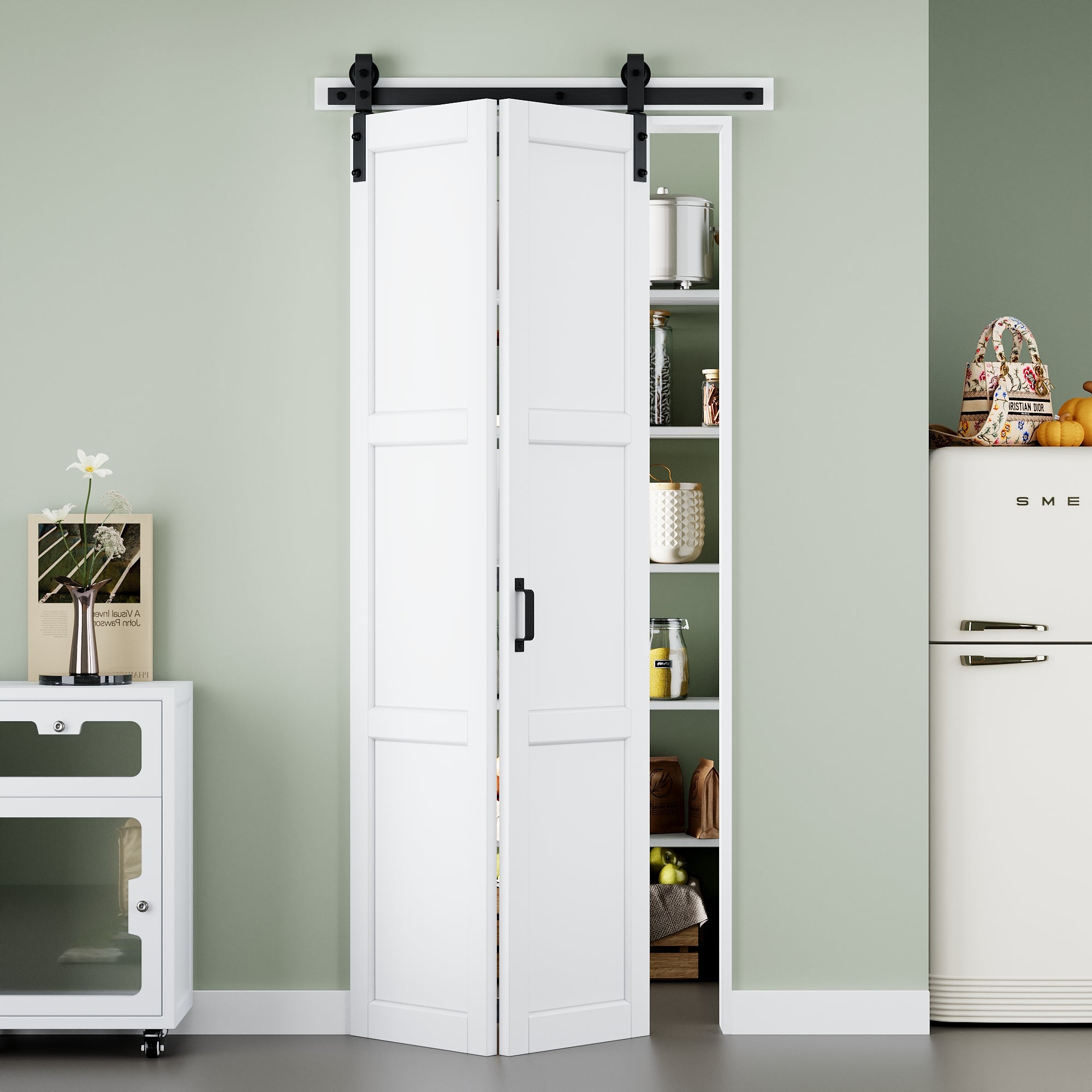 [Paintable] 3-Lite Paneled White Primed MDF Composite Bi-fold Sliding Barn Door with Hardware Kit and Handle