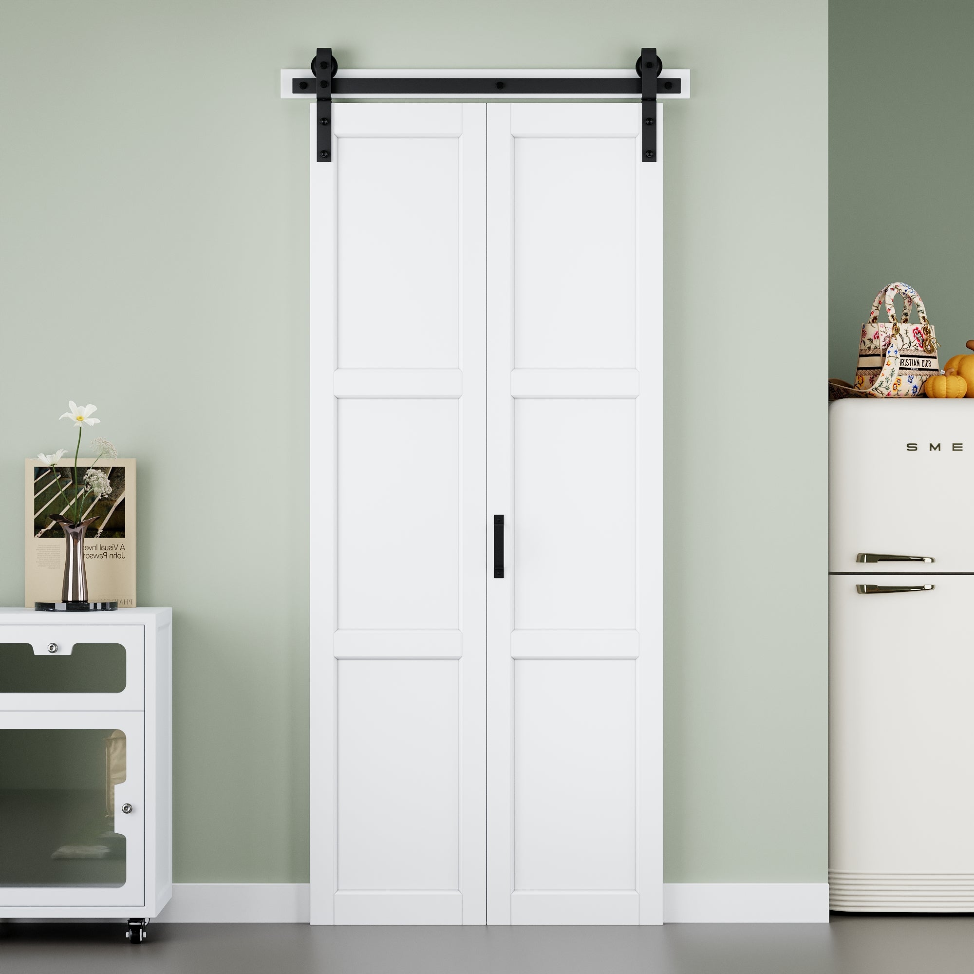 [Paintable] 3-Lite Paneled White Primed MDF Composite Bi-fold Sliding Barn Door with Hardware Kit and Handle