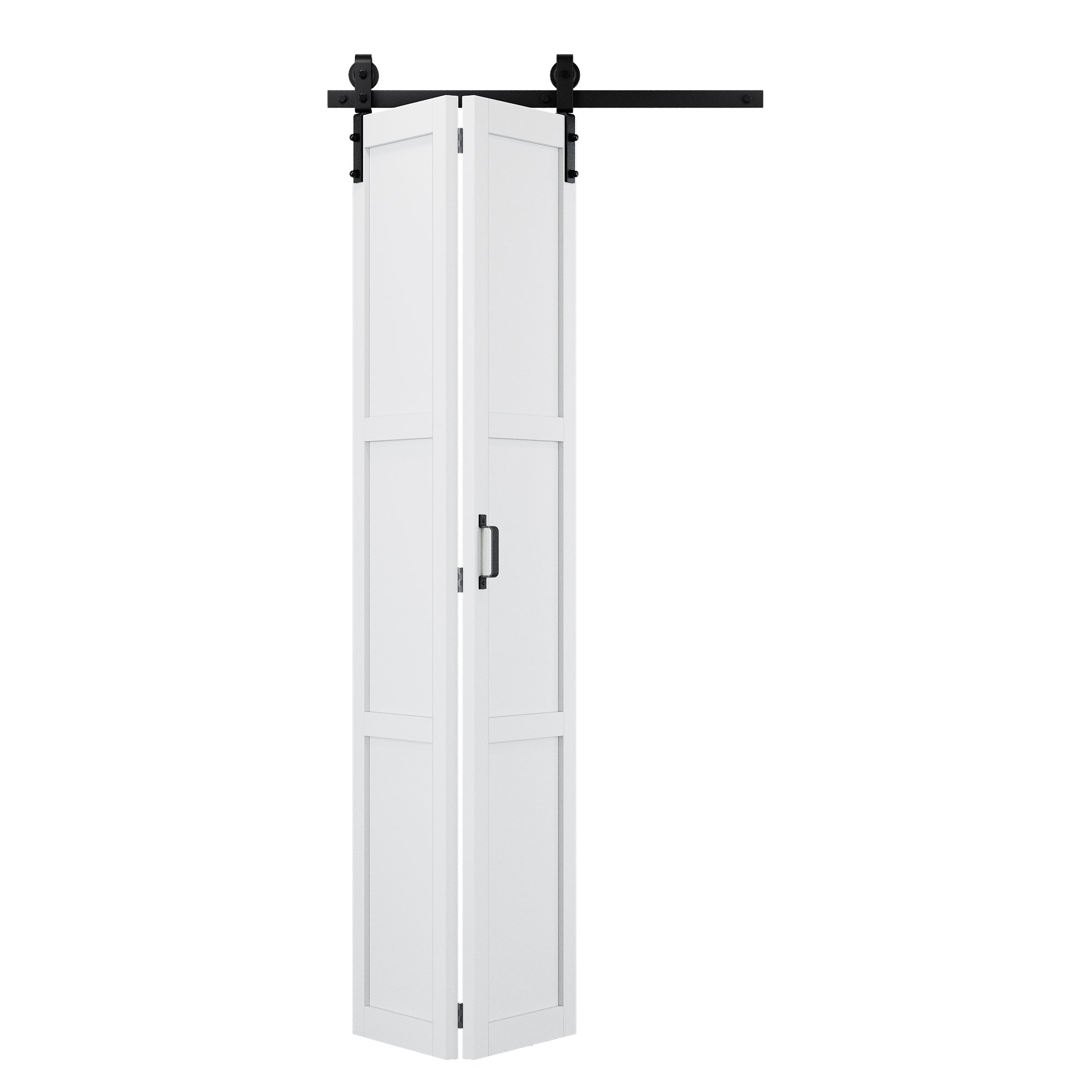 [Paintable] 3-Lite Paneled White Primed MDF Composite Bi-fold Sliding Barn Door with Hardware Kit and Handle