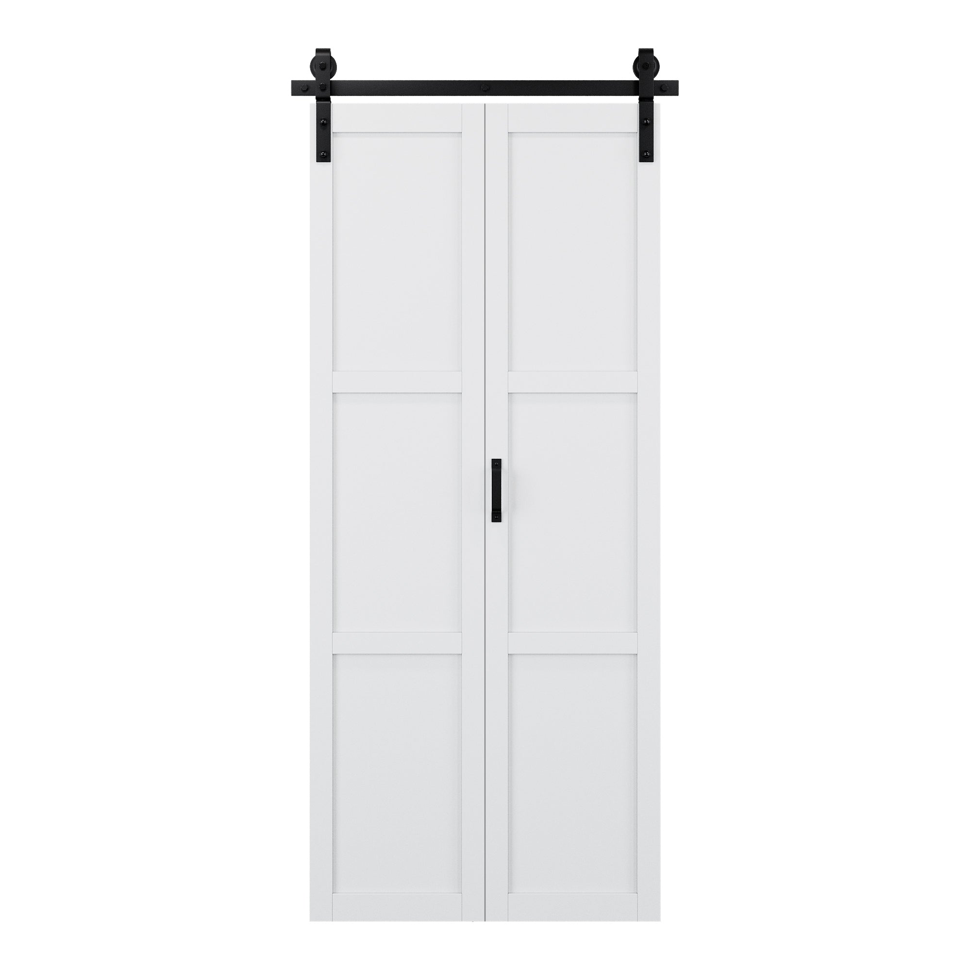 [Paintable] 3-Lite Paneled White Primed MDF Composite Bi-fold Sliding Barn Door with Hardware Kit and Handle