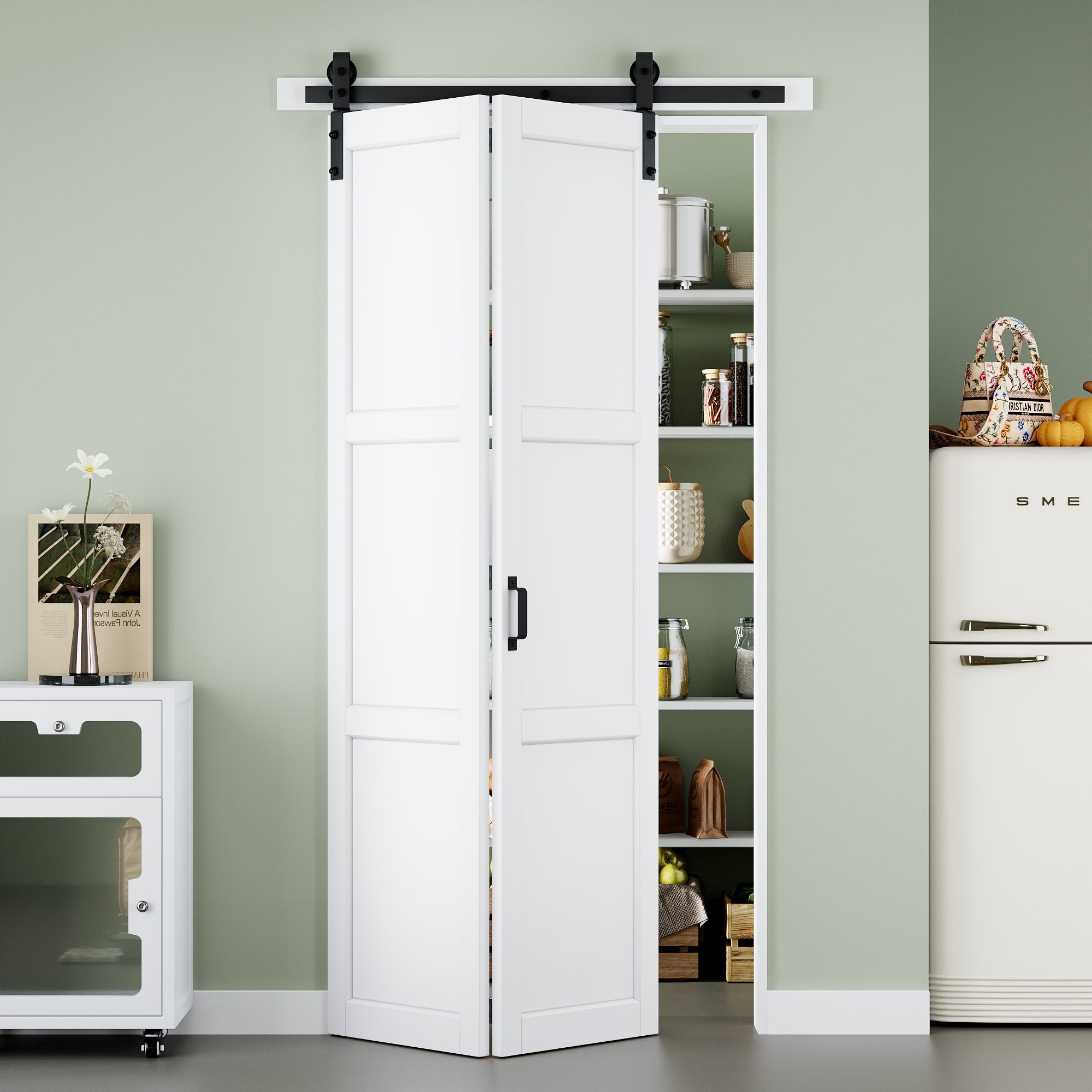 [Paintable] 3-Lite Paneled White Primed MDF Composite Bi-fold Sliding Barn Door with Hardware Kit and Handle