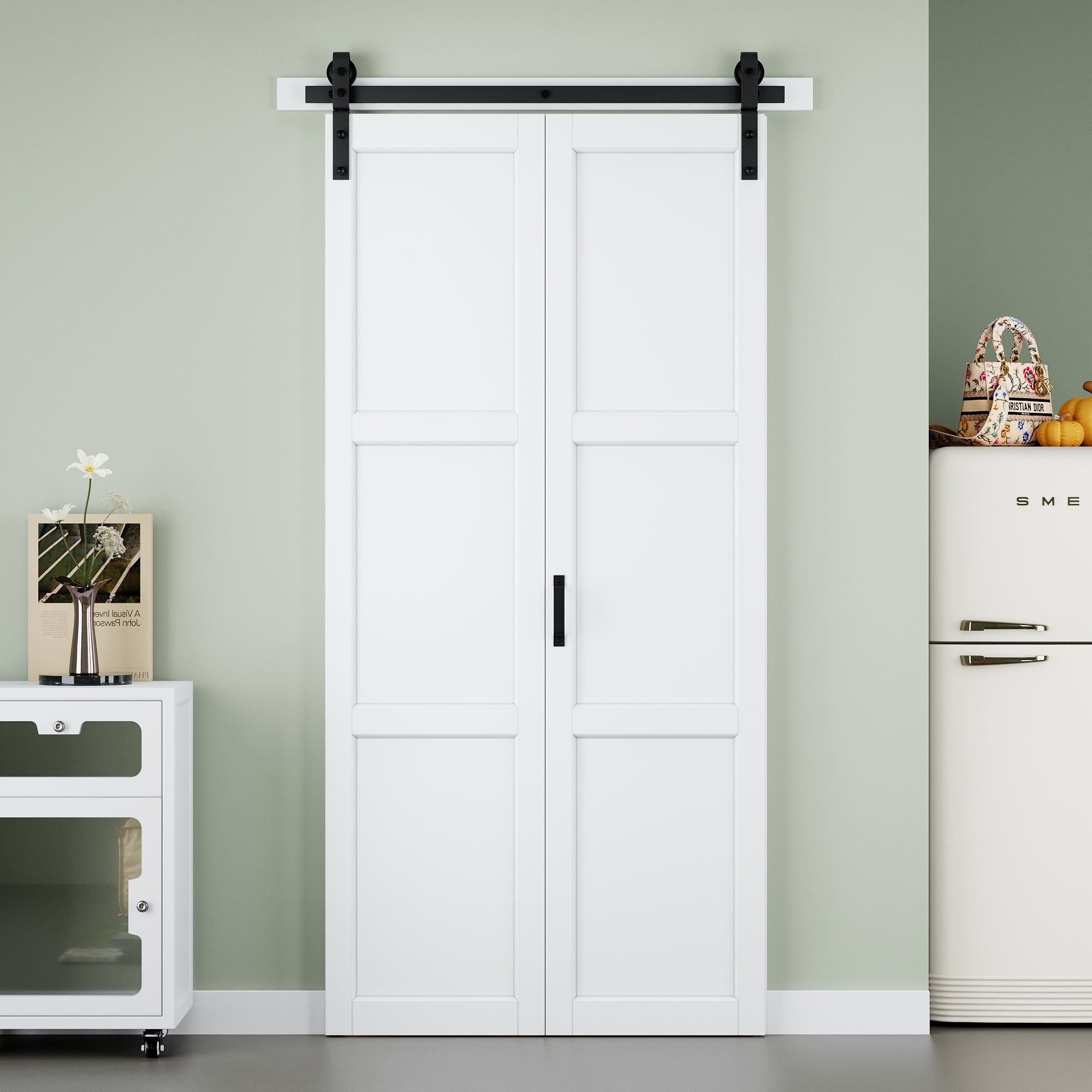 [Paintable] 3-Lite Paneled White Primed MDF Composite Bi-fold Sliding Barn Door with Hardware Kit and Handle