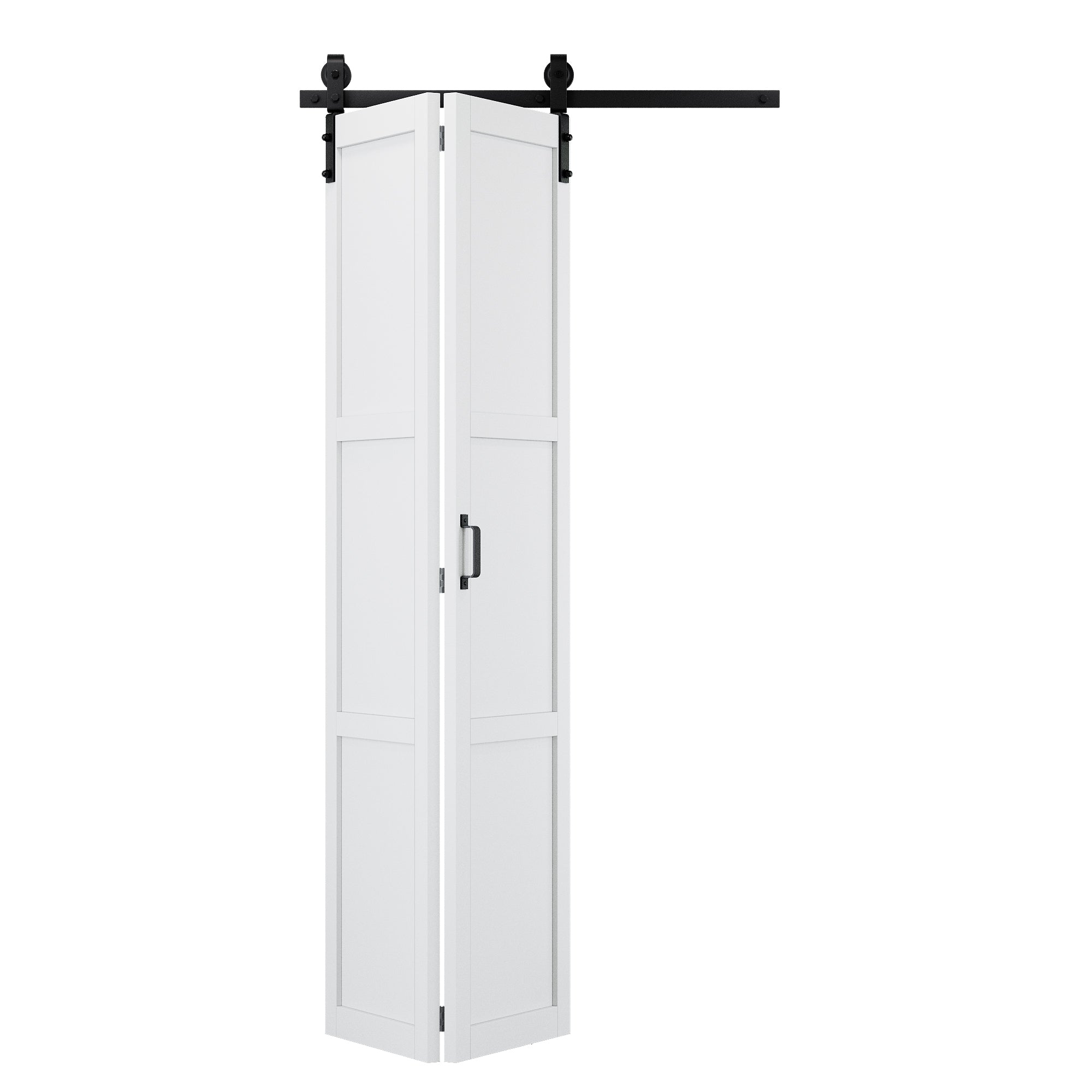 [Paintable] 3-Lite Paneled White Primed MDF Composite Bi-fold Sliding Barn Door with Hardware Kit and Handle