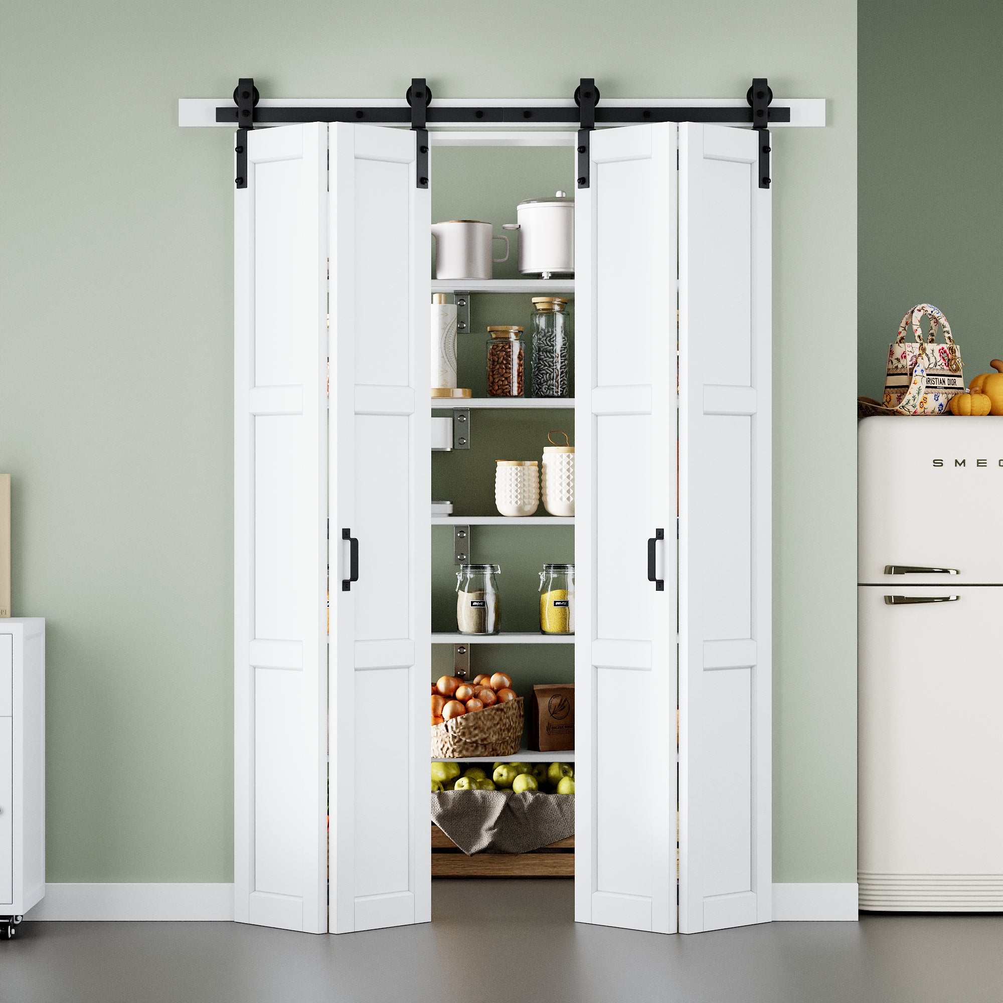 [Paintable] 3-Lite Paneled White Primed MDF Composite Bi-fold Sliding Barn Door with Hardware Kit and Handle