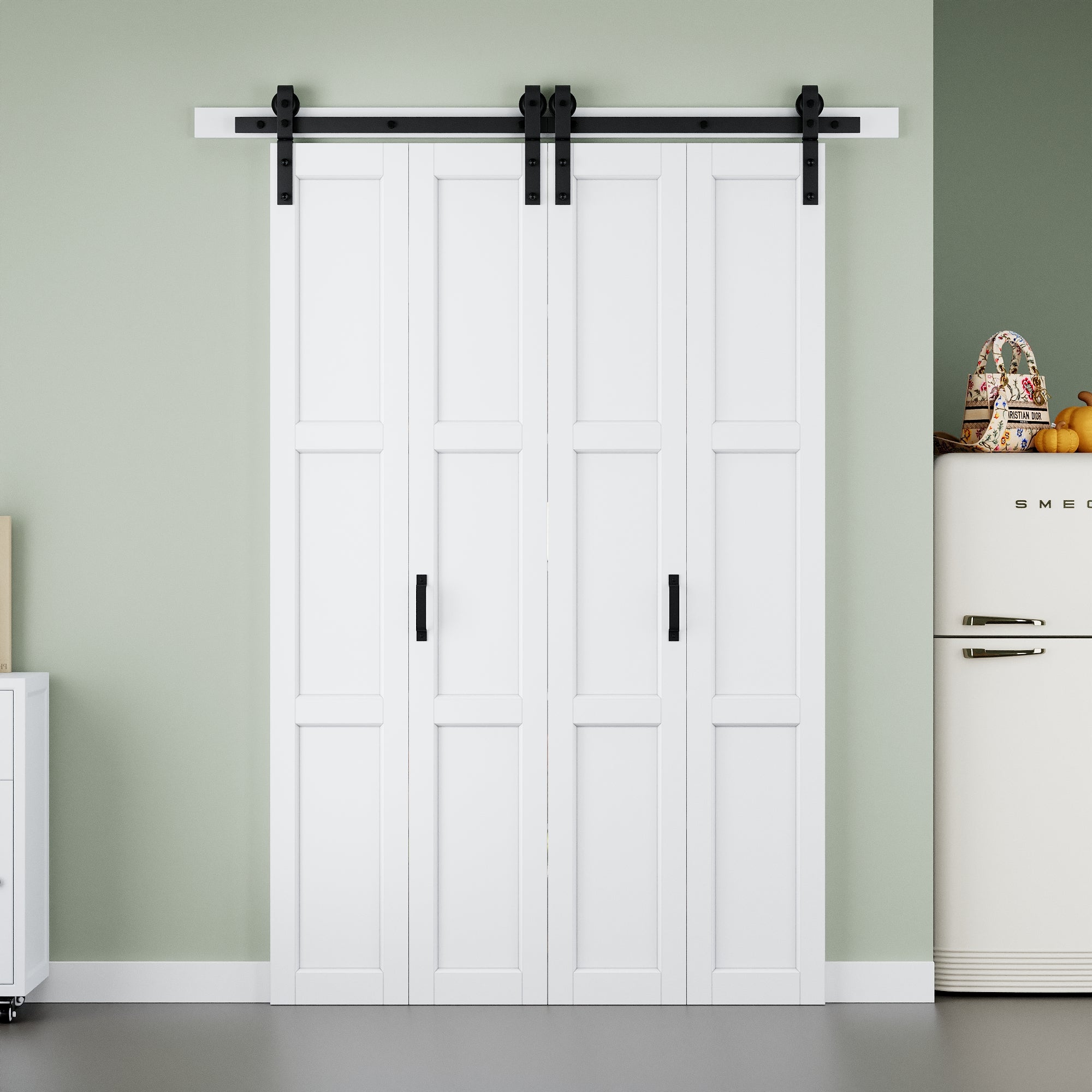 [Paintable] 3-Lite Paneled White Primed MDF Composite Bi-fold Sliding Barn Door with Hardware Kit and Handle