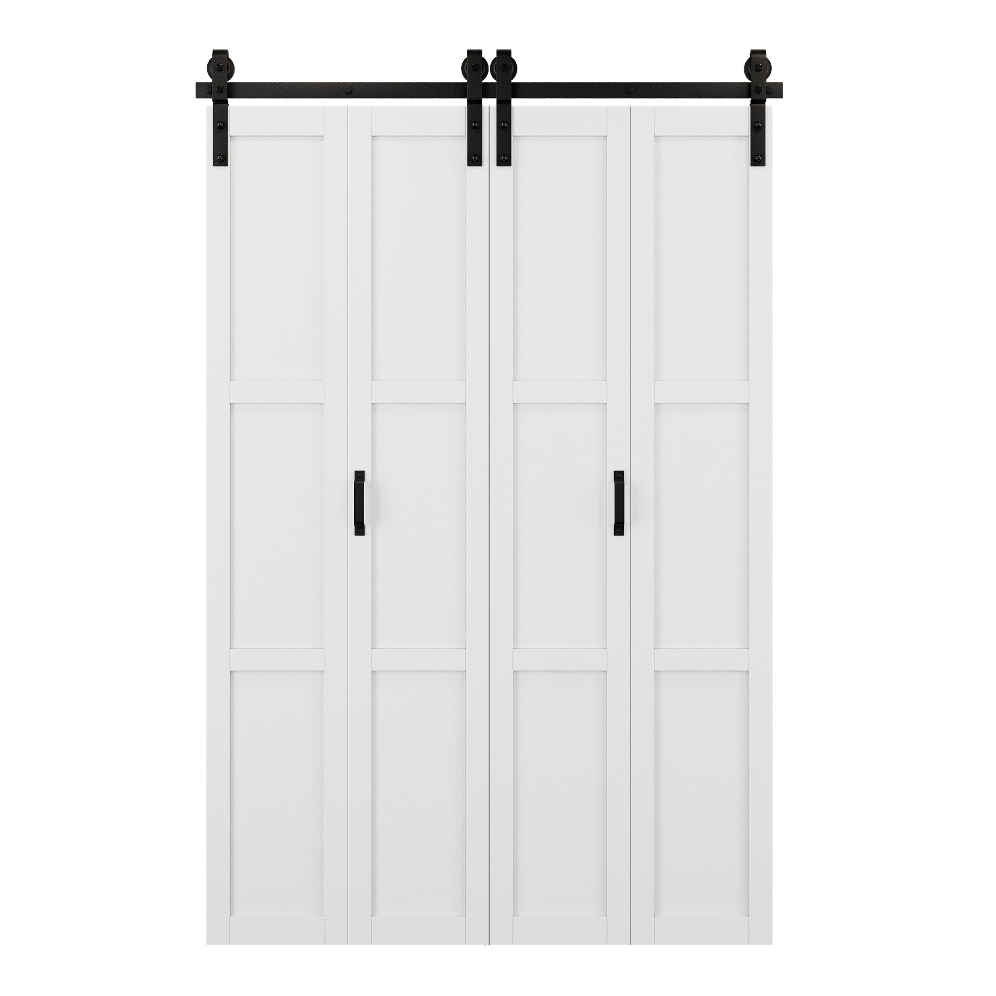 [Paintable] 3-Lite Paneled White Primed MDF Composite Bi-fold Sliding Barn Door with Hardware Kit and Handle