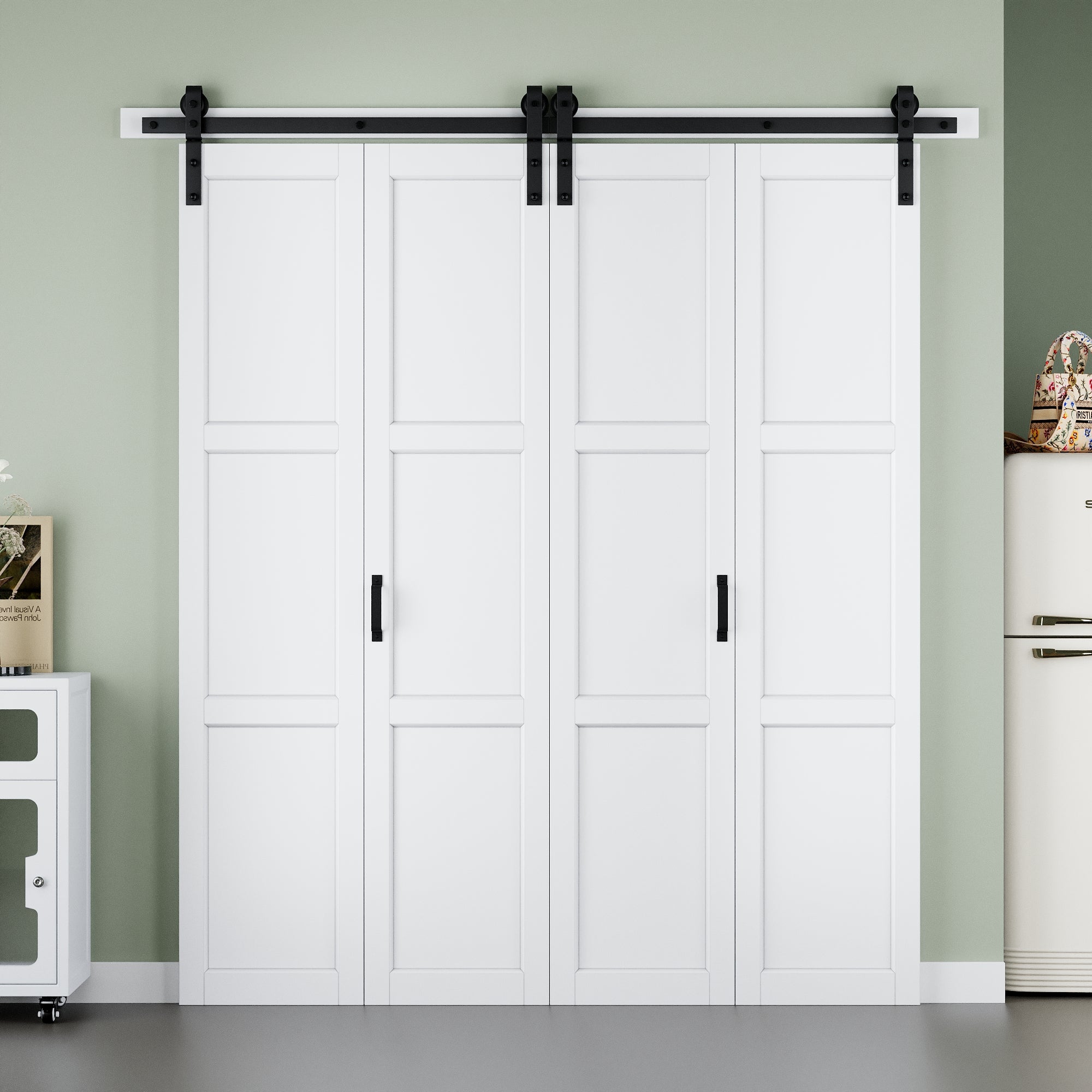 [Paintable] 3-Lite Paneled White Primed MDF Composite Bi-fold Sliding Barn Door with Hardware Kit and Handle