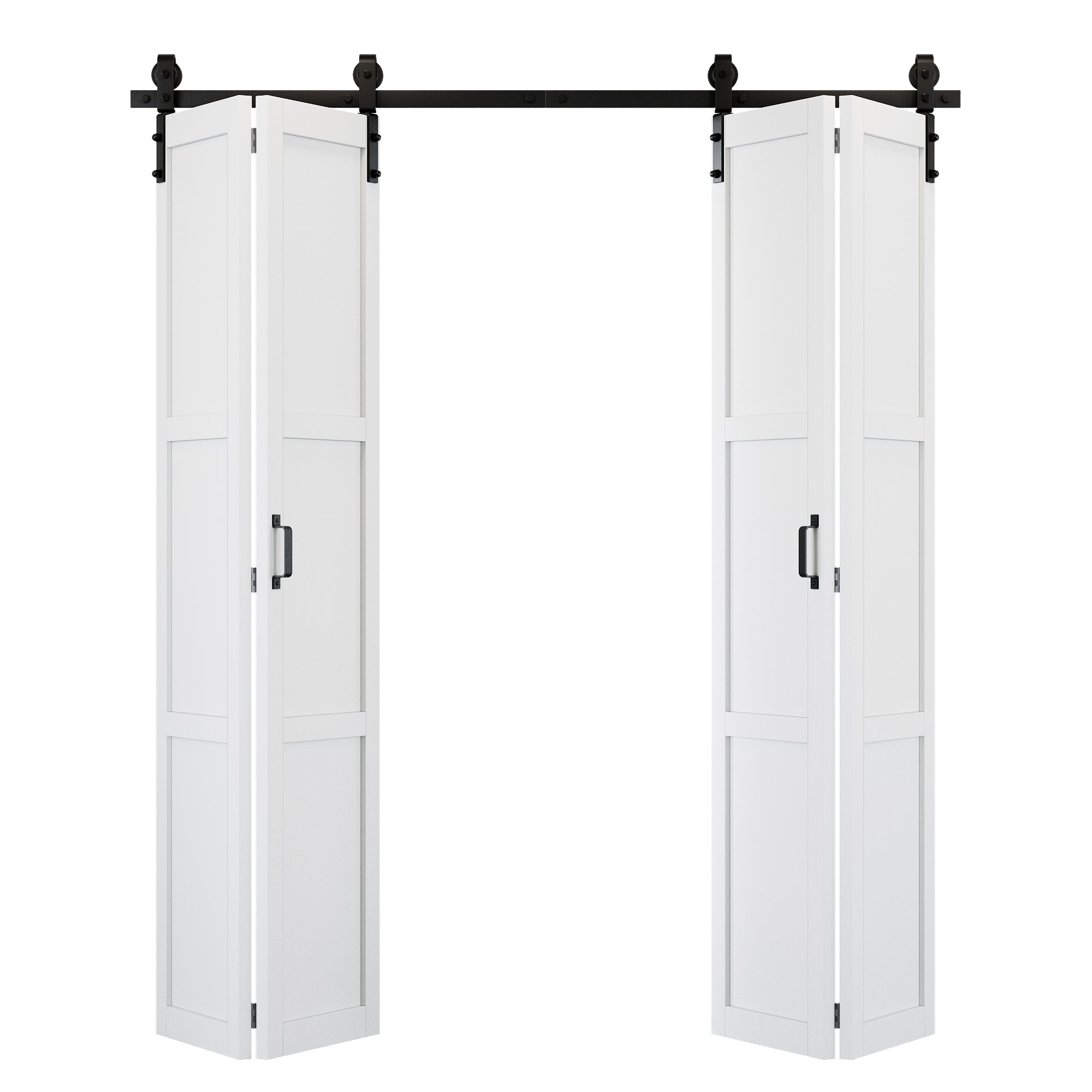 [Paintable] 3-Lite Paneled White Primed MDF Composite Bi-fold Sliding Barn Door with Hardware Kit and Handle