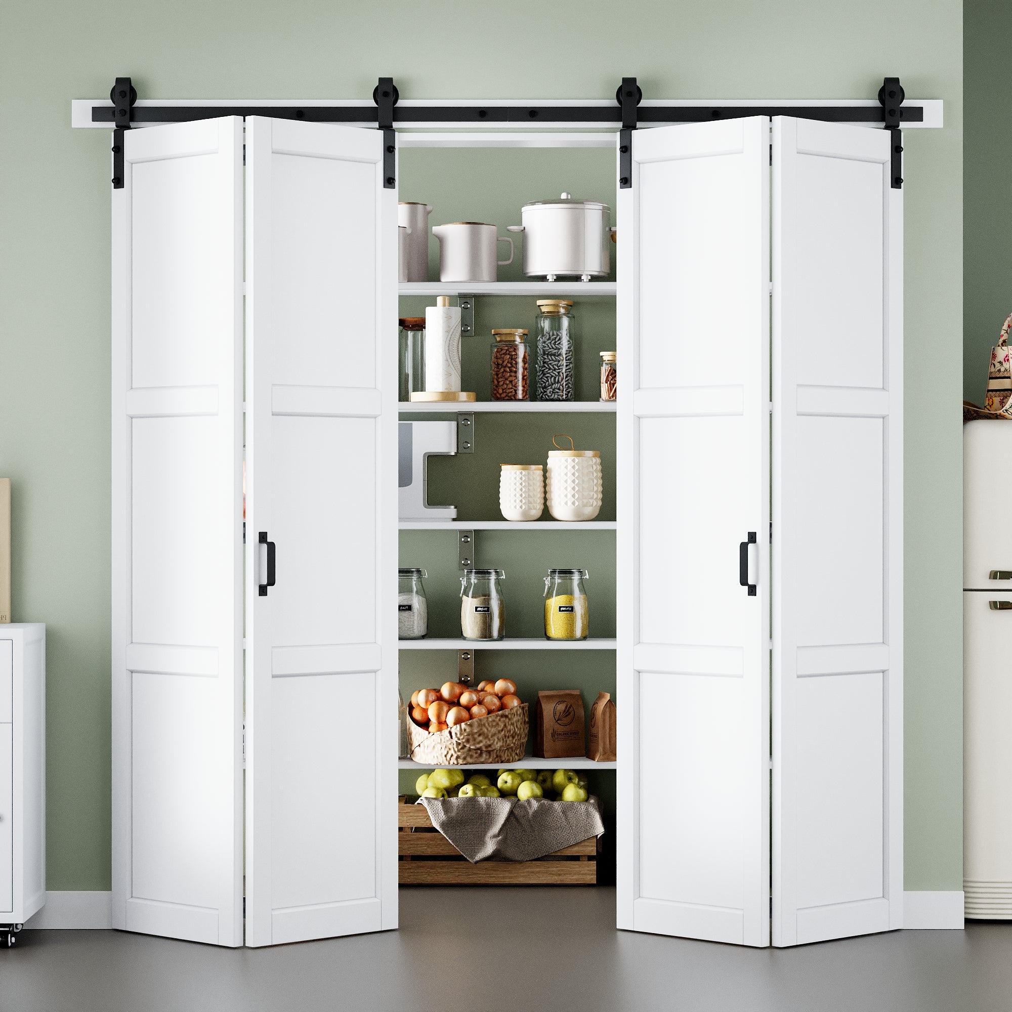 [Paintable] 3-Lite Paneled White Primed MDF Composite Bi-fold Sliding Barn Door with Hardware Kit and Handle