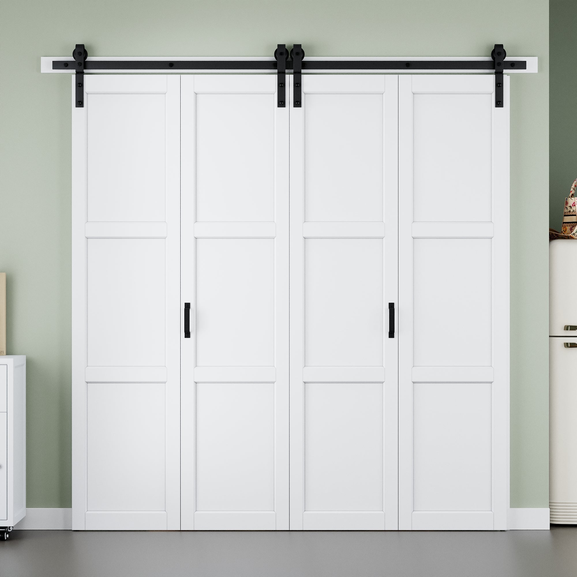 [Paintable] 3-Lite Paneled White Primed MDF Composite Bi-fold Sliding Barn Door with Hardware Kit and Handle